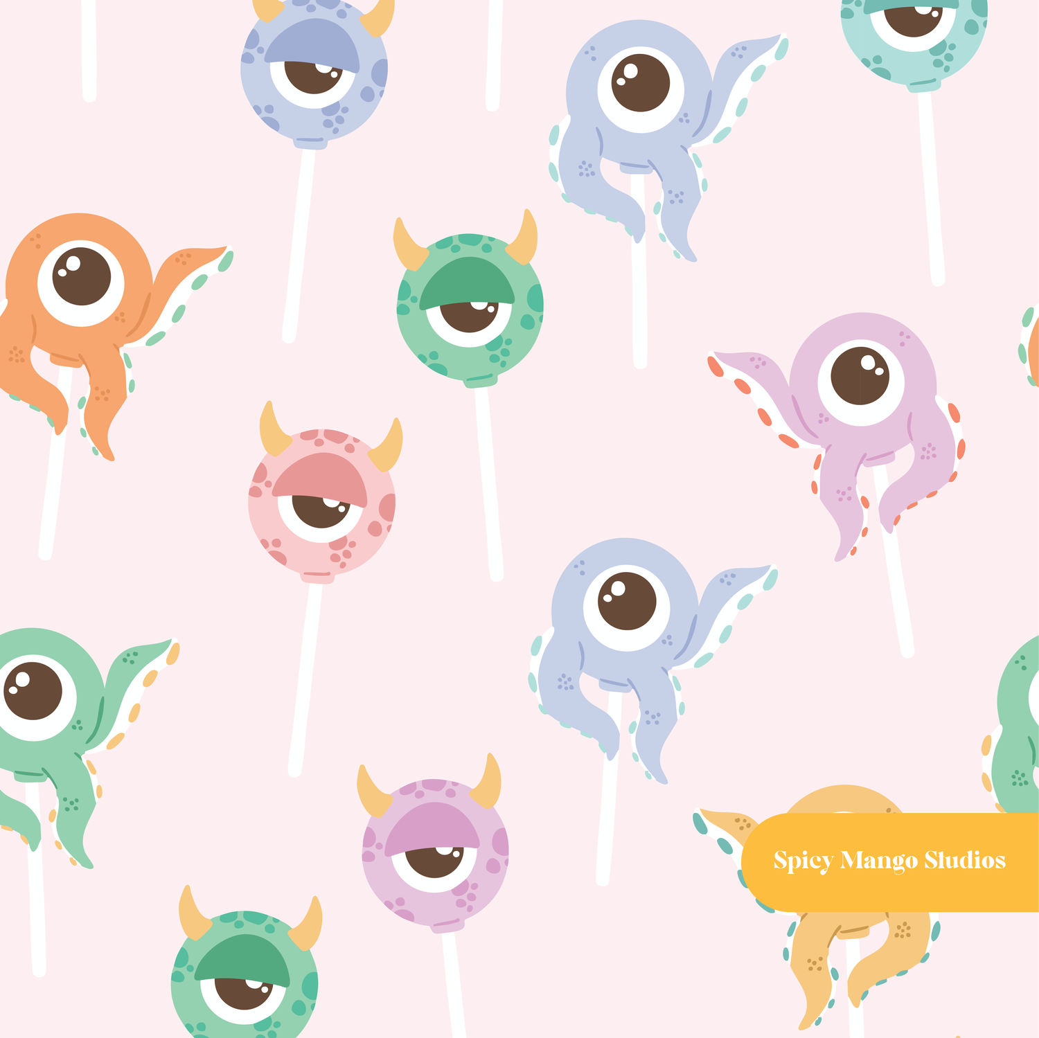 Pink Monster Cake Pops Halloween Seamless Pattern