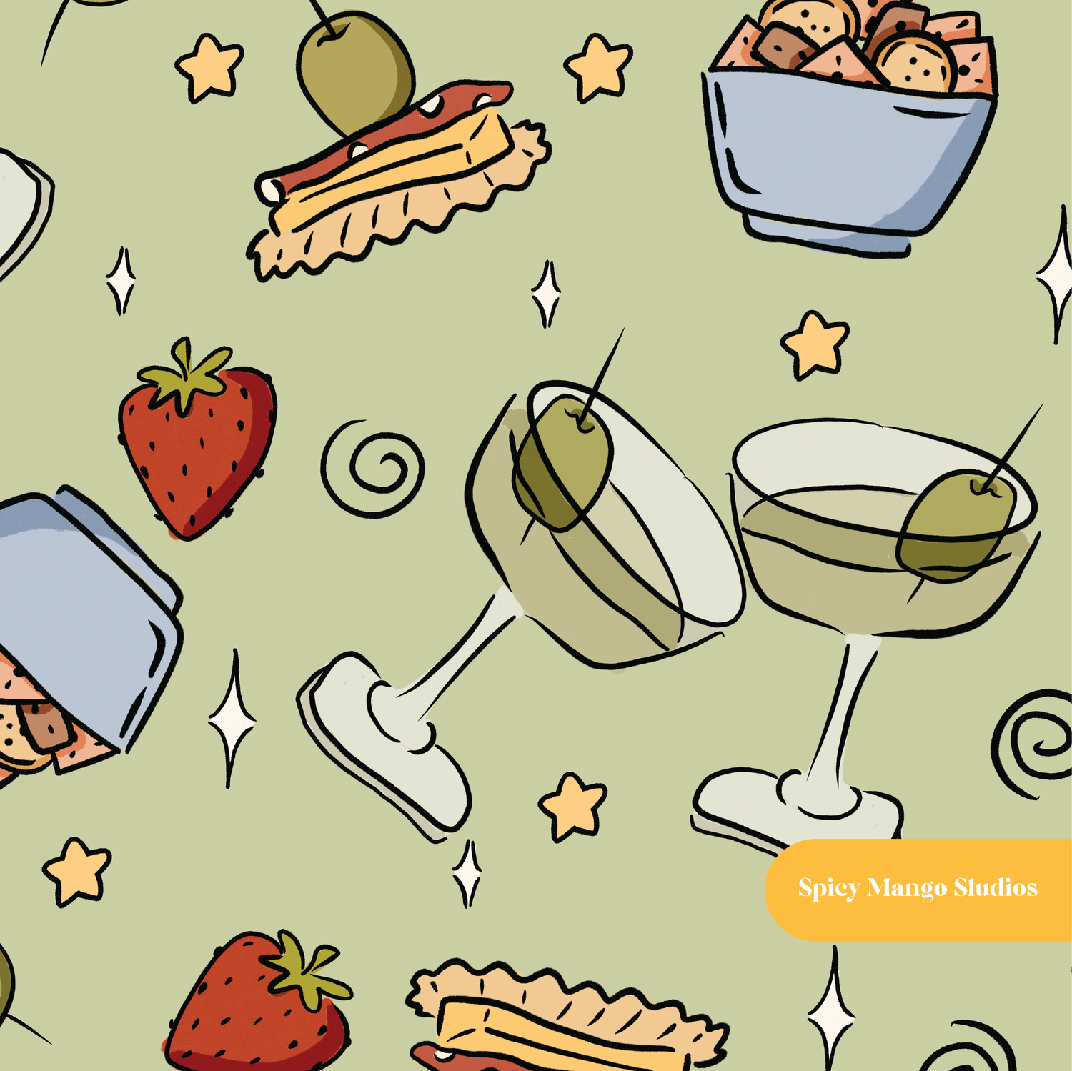 Olive Martini Party Seamless Pattern – Digital Download