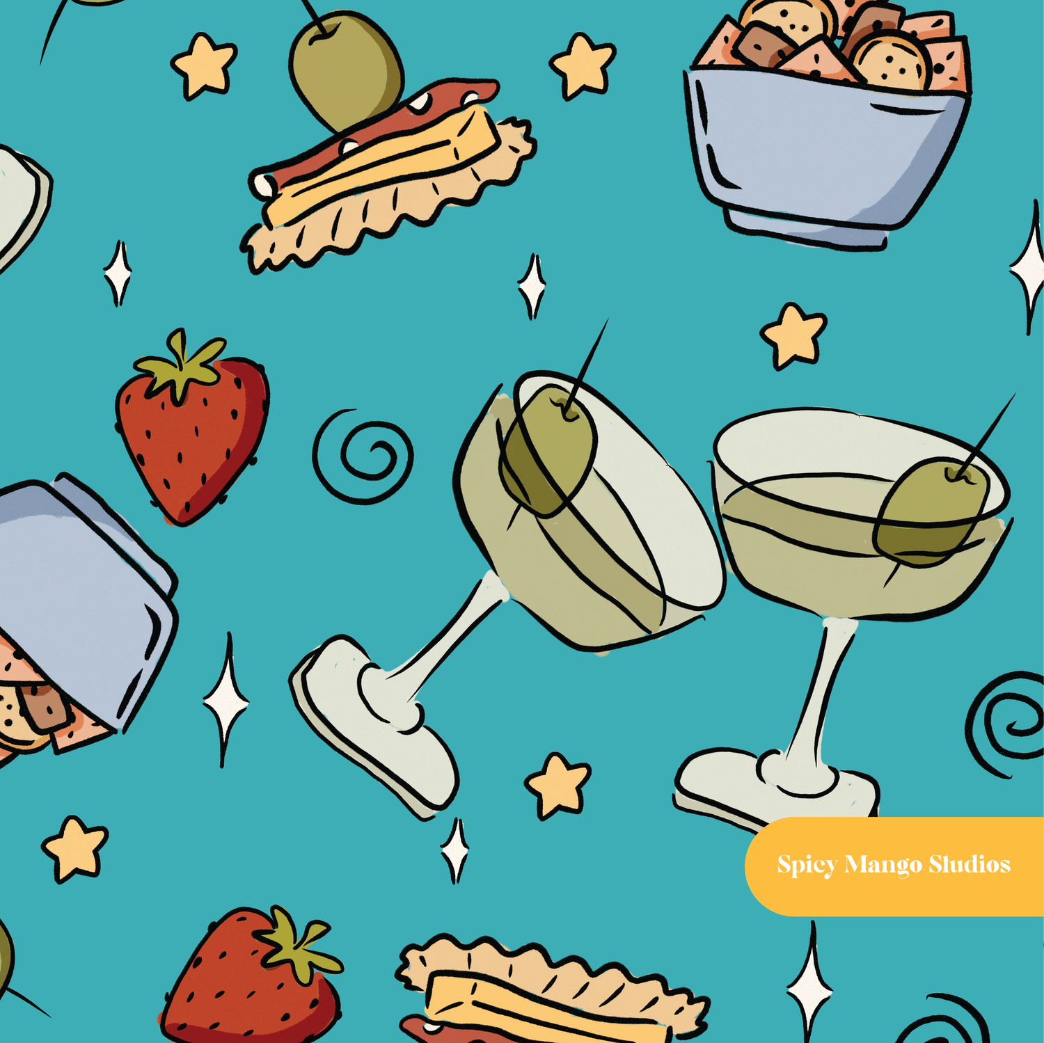 Teal Martini Party Seamless Pattern – Digital Download
