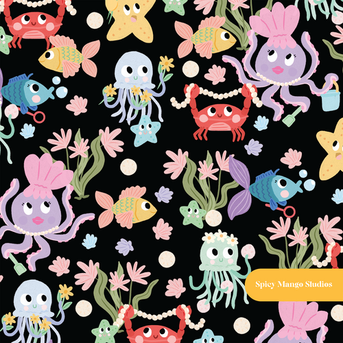 Black Ocean Friends Seamless Pattern