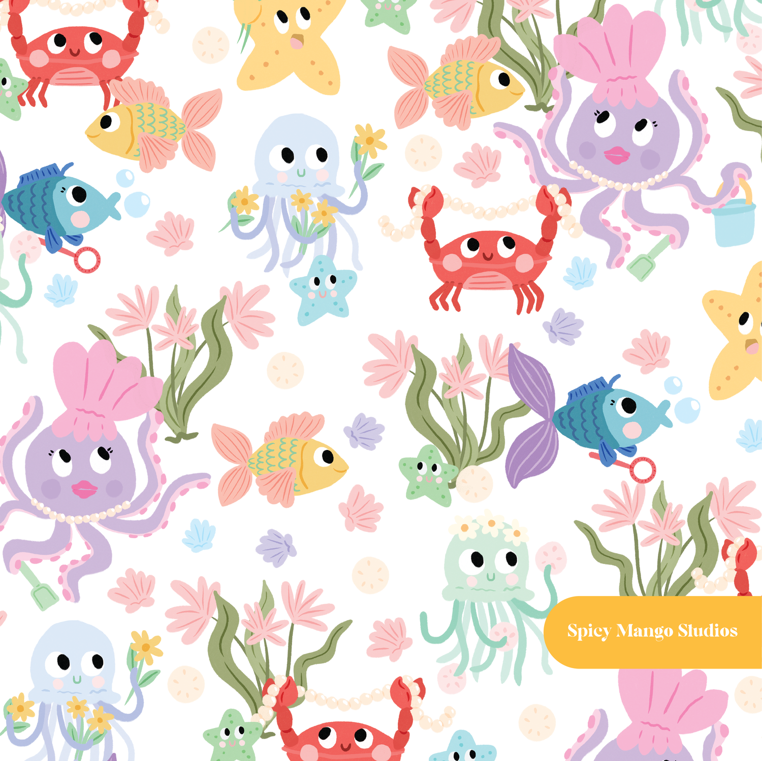 White Ocean Friends Seamless Pattern