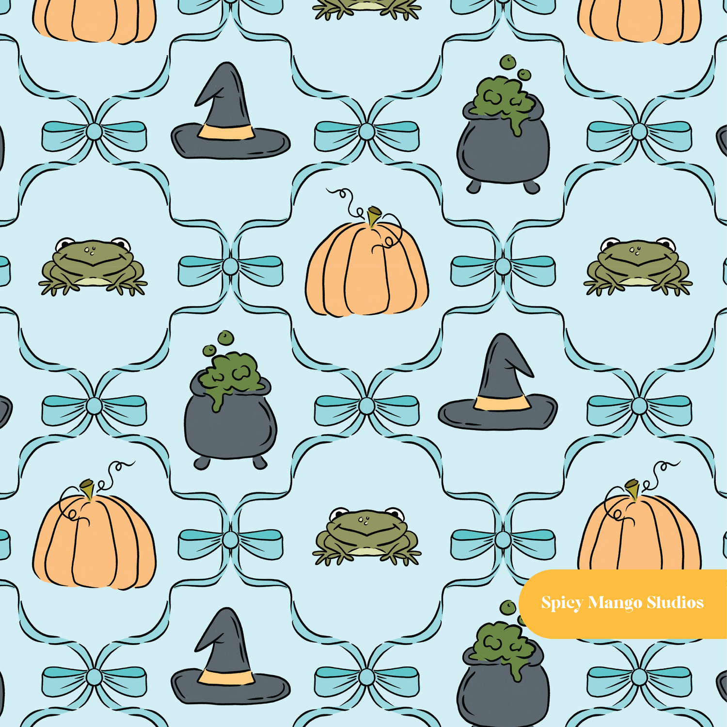 Aqua Halloween Pumpkin Bows Seamless Pattern