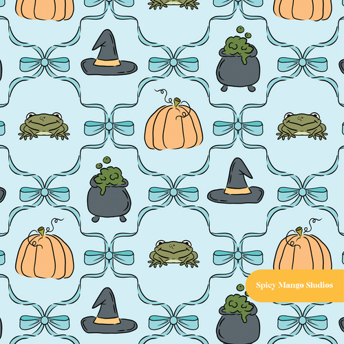 Aqua Halloween Pumpkin Bows Seamless Pattern