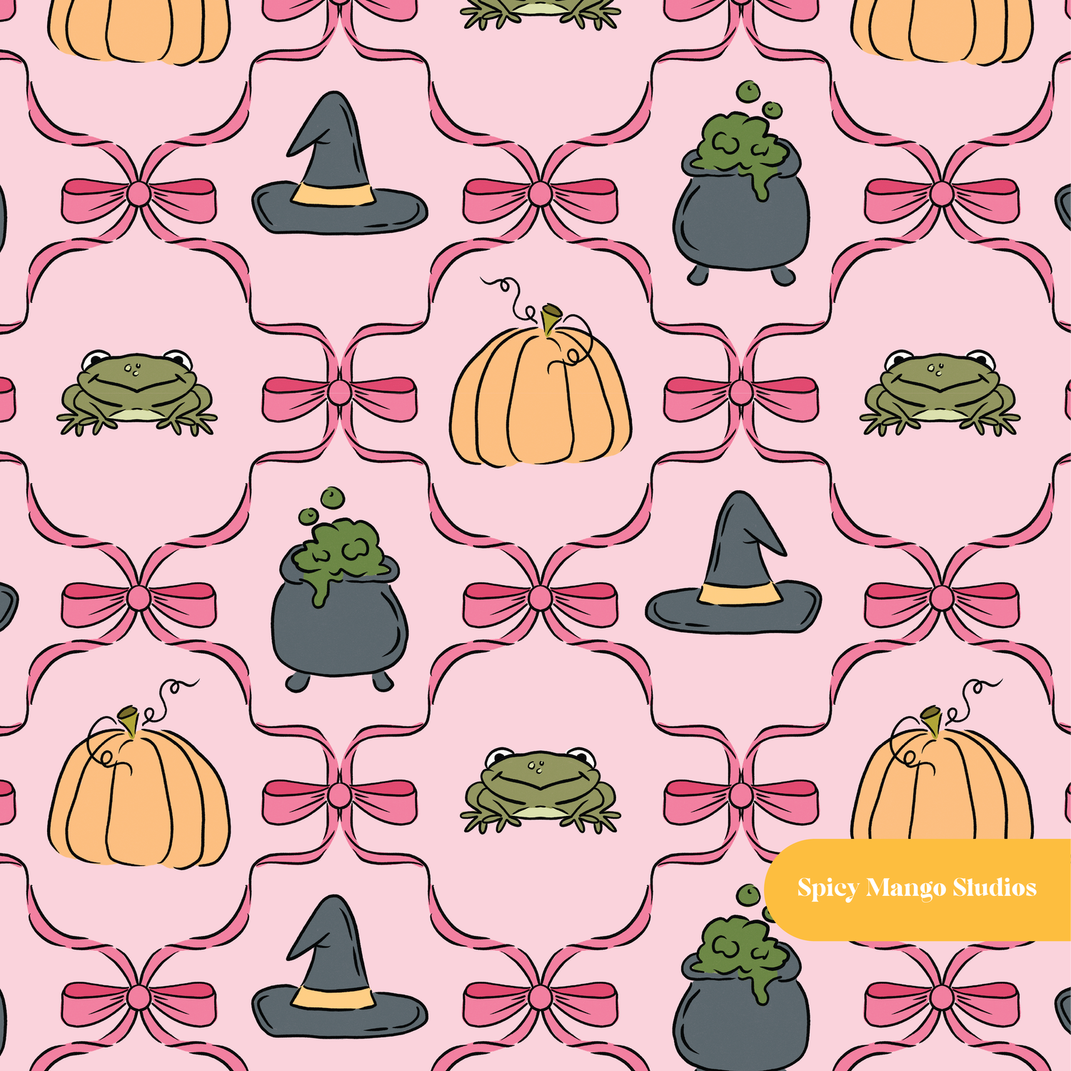 Pink Halloween Pumpkin Bows Seamless Pattern