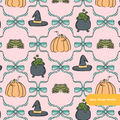 Pink and Teal Halloween Pumpkin Bows Seamless Pattern