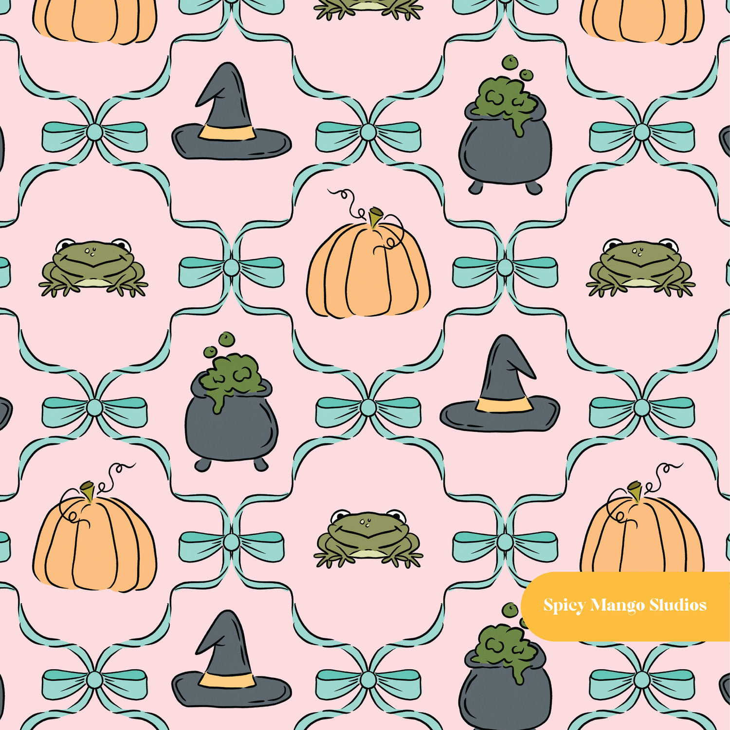 Pink and Teal Halloween Pumpkin Bows Seamless Pattern