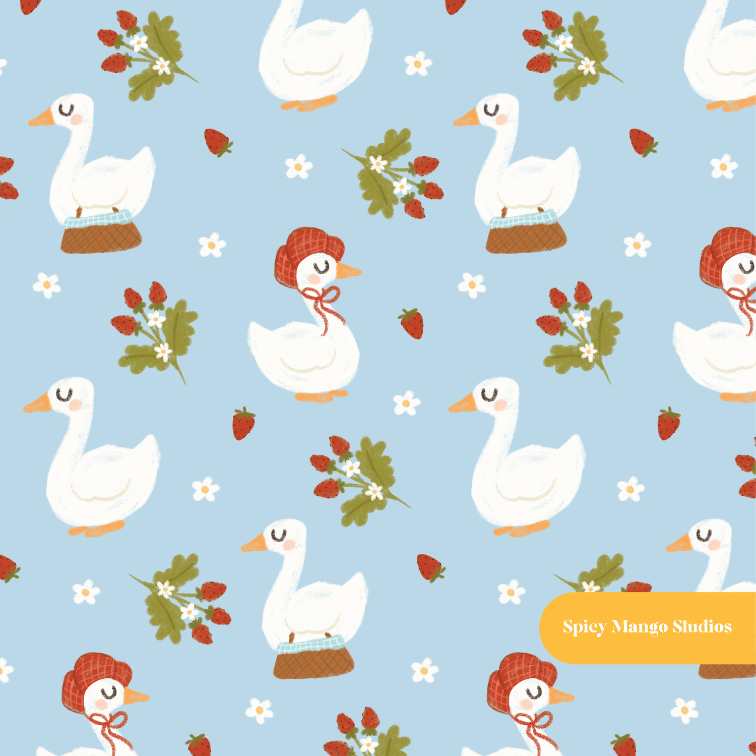 Blue Picnic Goose Seamless Pattern