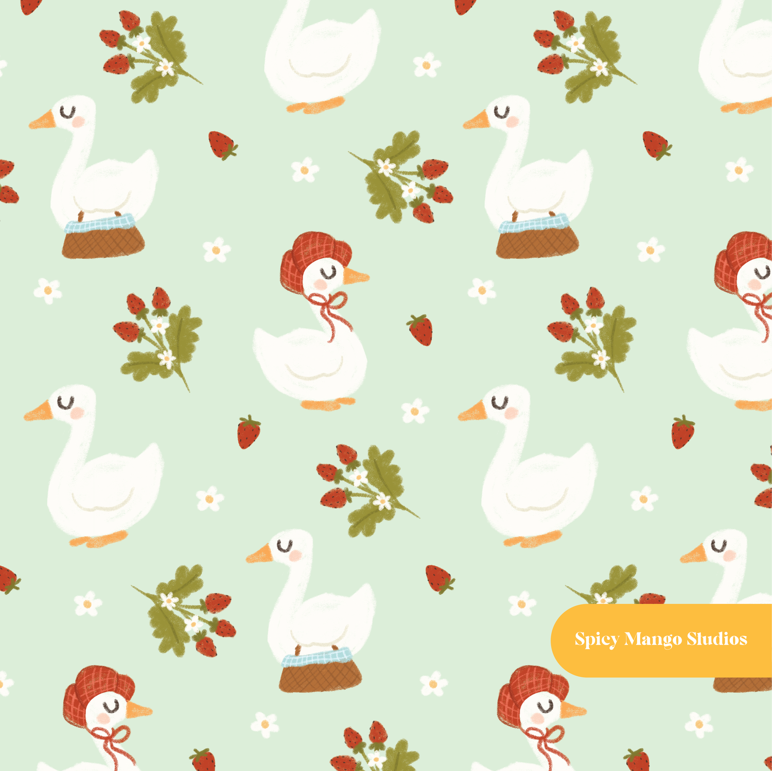 Pastel Green Picnic Goose Seamless Pattern
