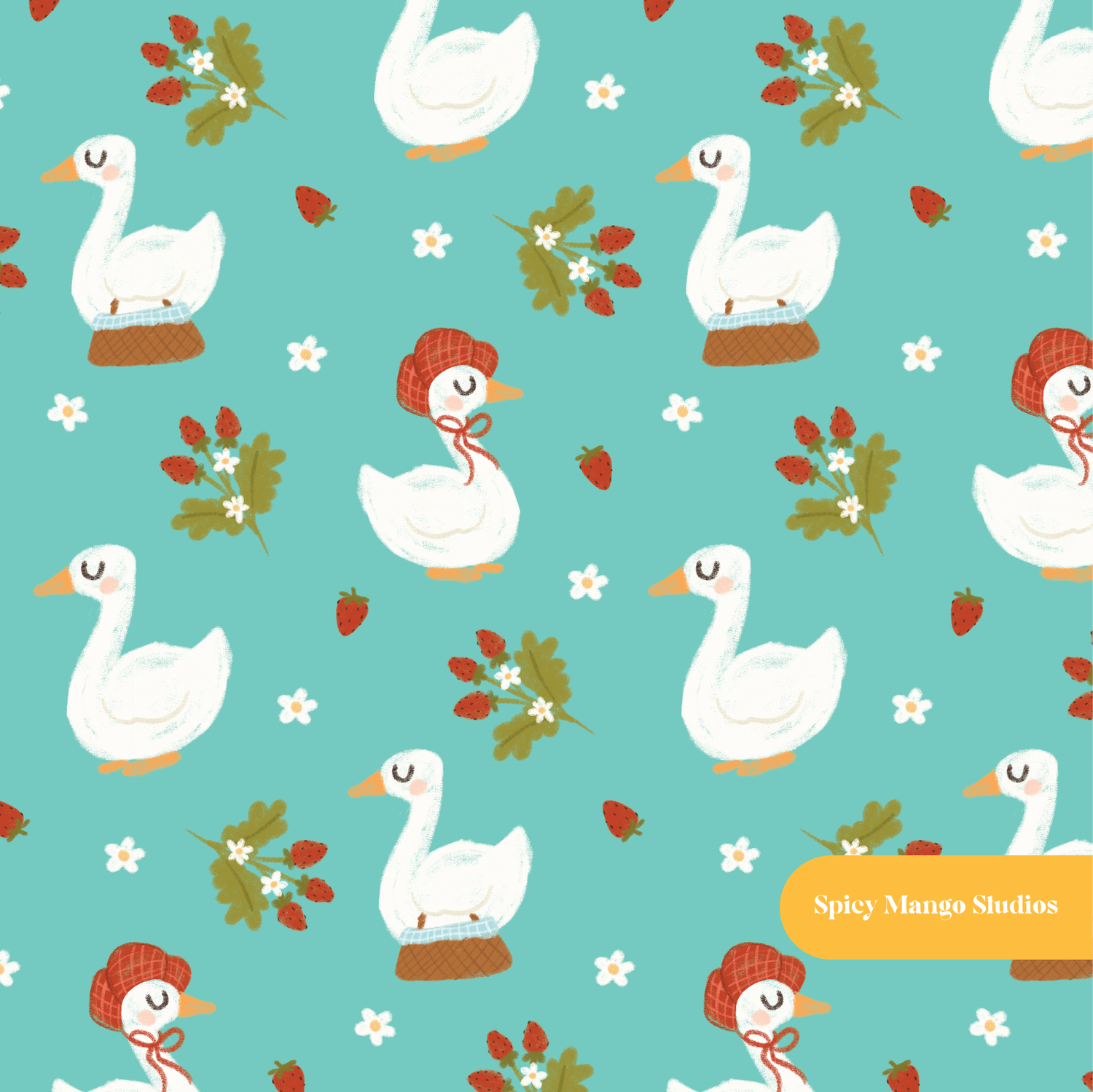 Teal Picnic Goose Seamless Pattern