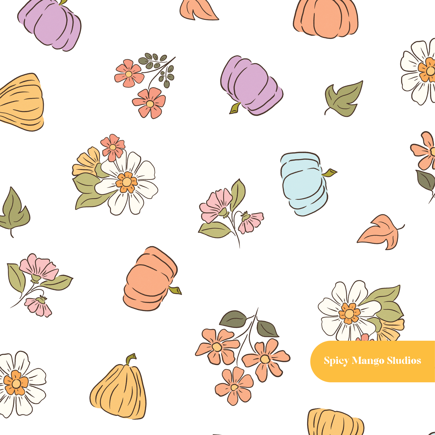 White Pumpkin Floral Seamless Pattern