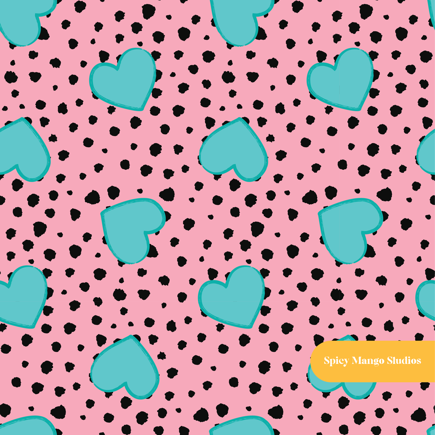 Pink and Teal Polka Dot Hearts Seamless Pattern