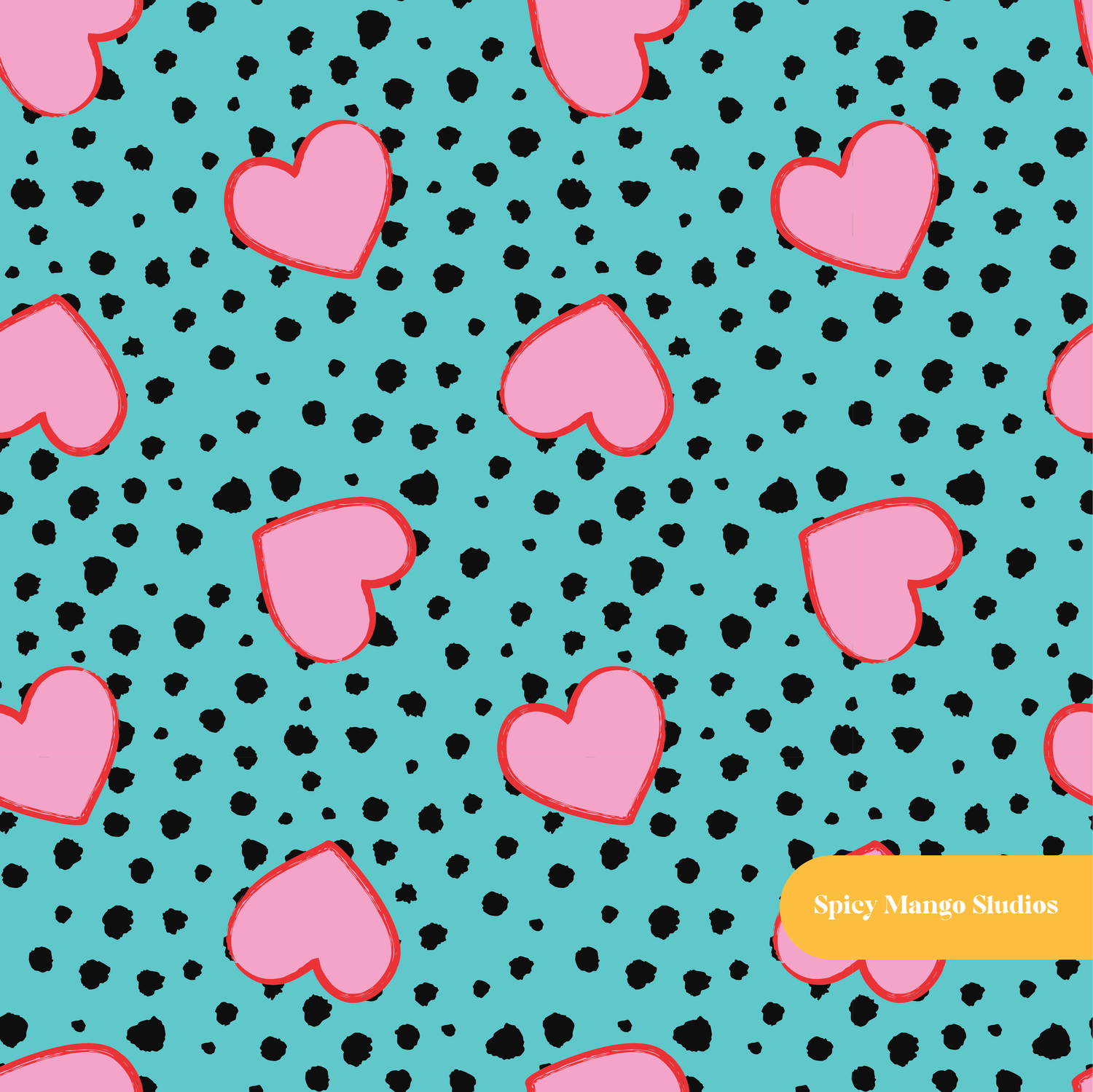 Teal and Pink Polka Dot Hearts Seamless Pattern
