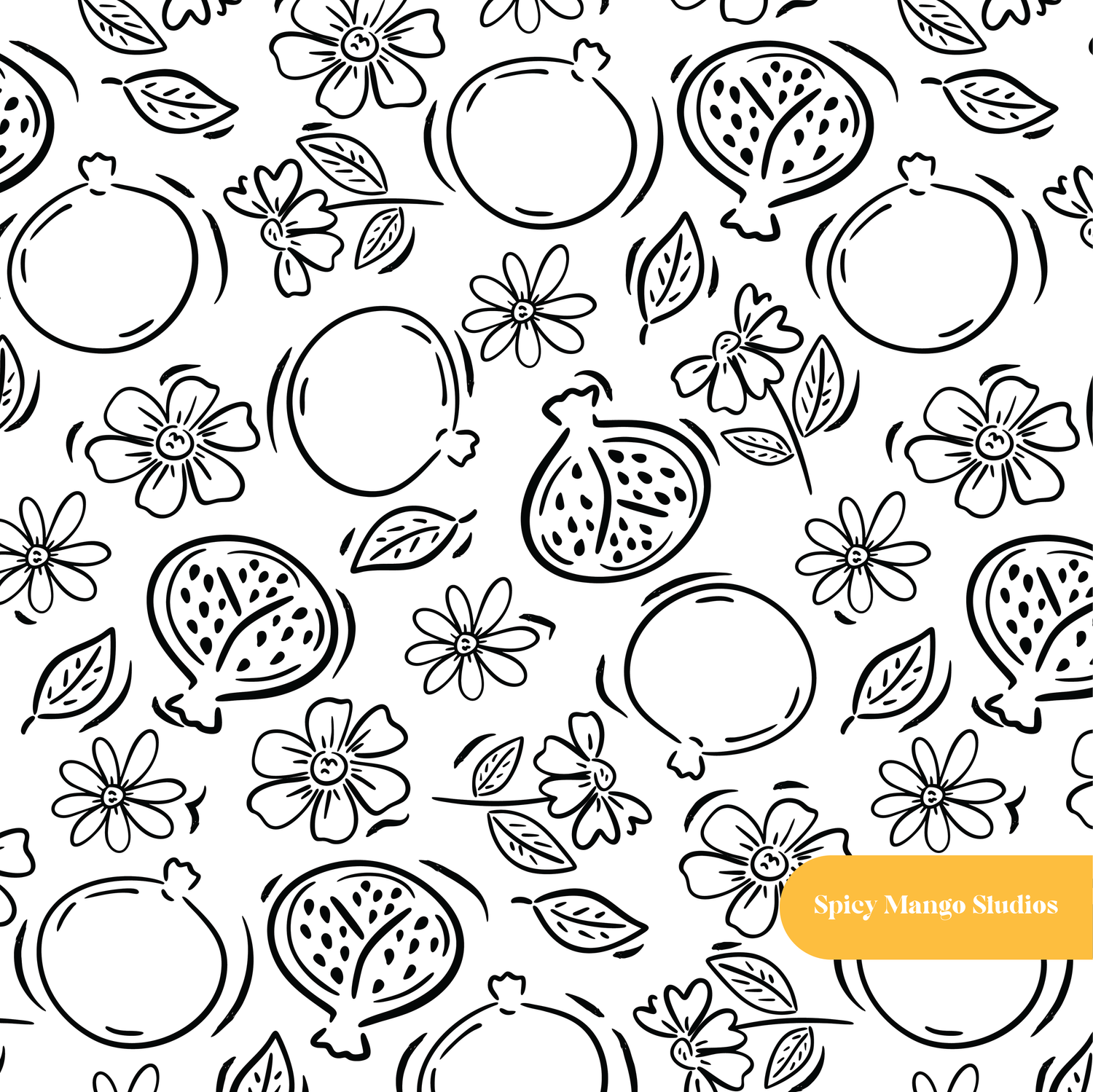 White and Black Pomegranate Floral Seamless Pattern