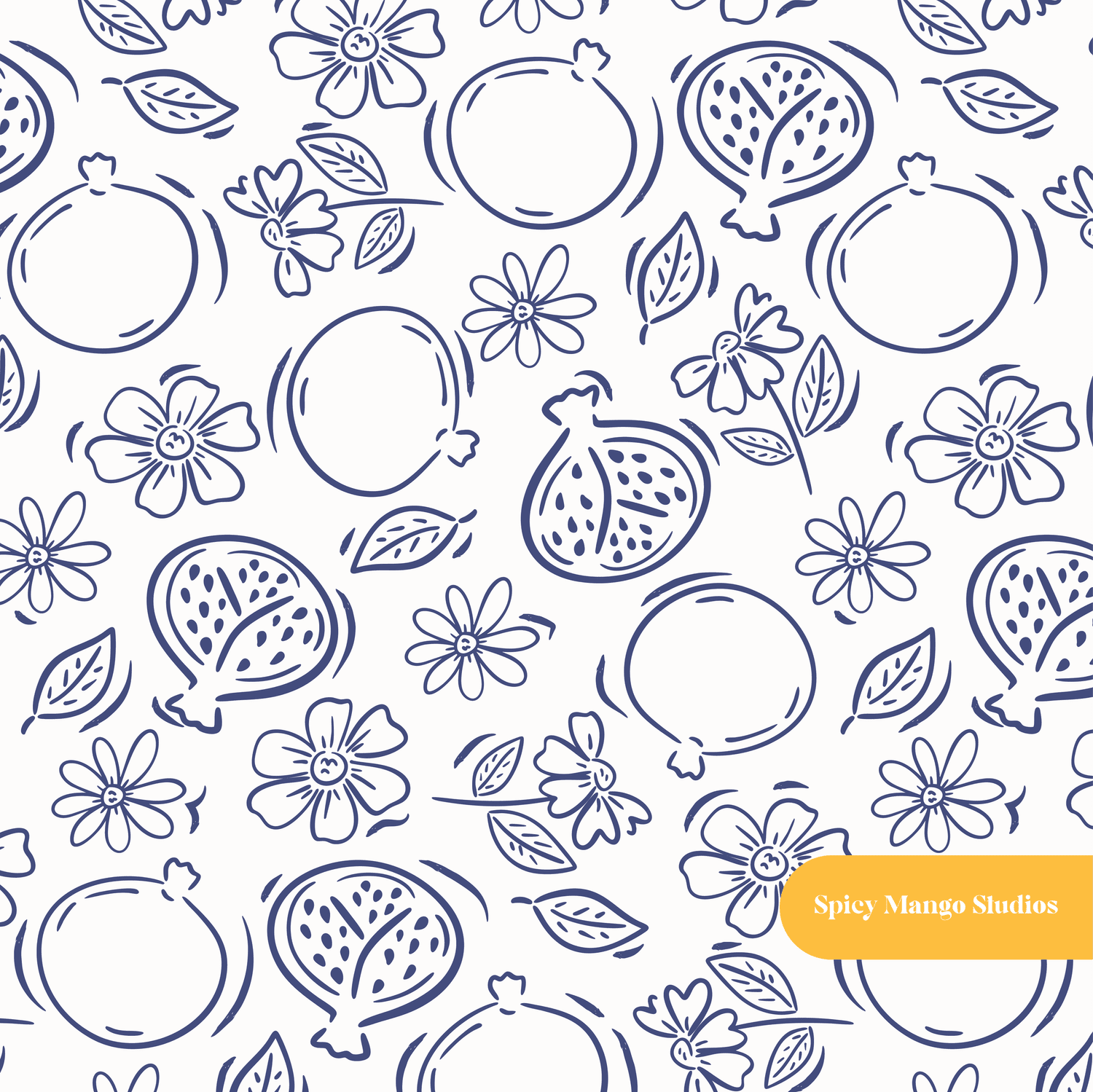 White and Blue Pomegranate Floral Seamless Pattern
