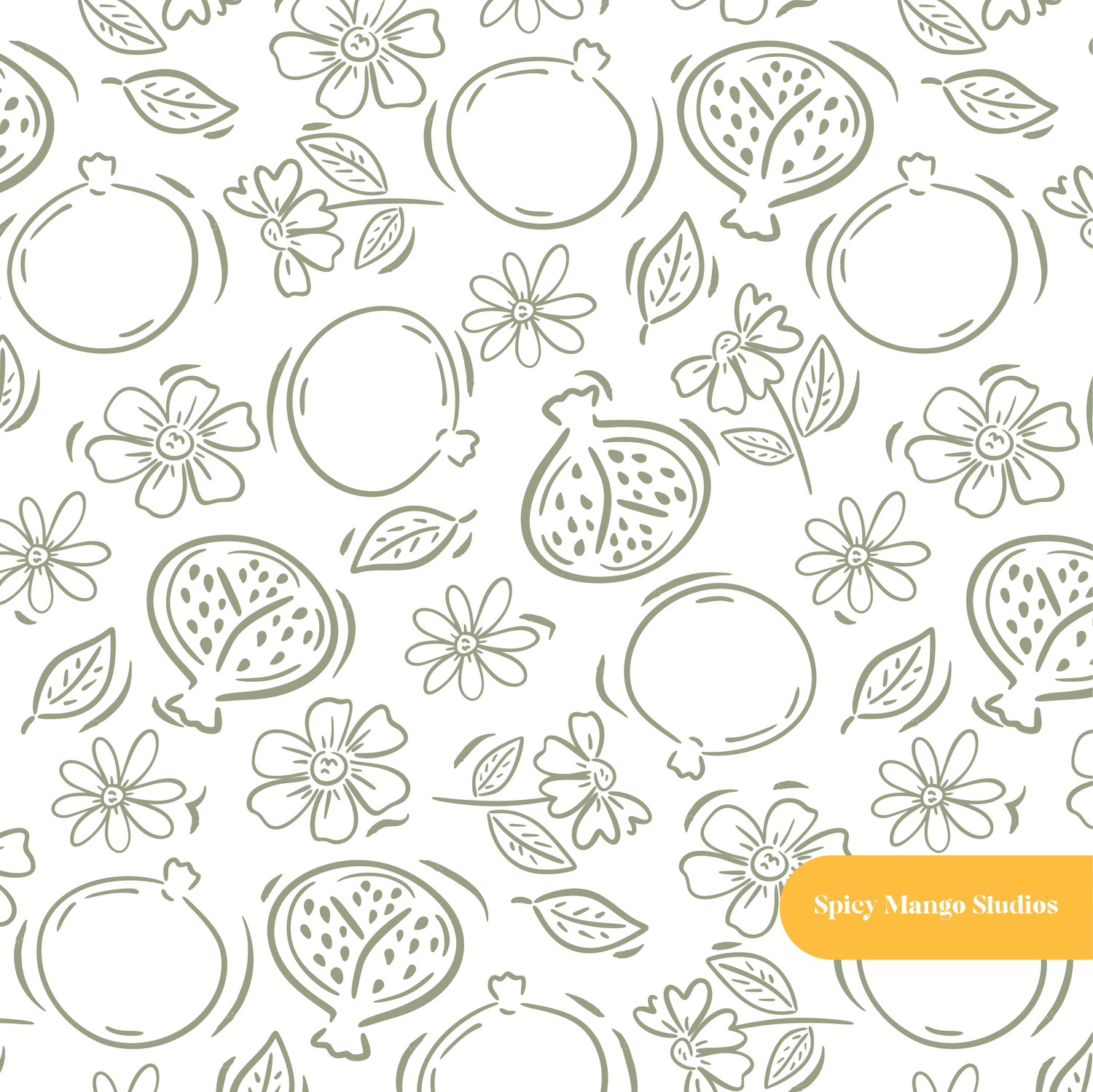 White and Olive Pomegranate Floral Seamless Pattern