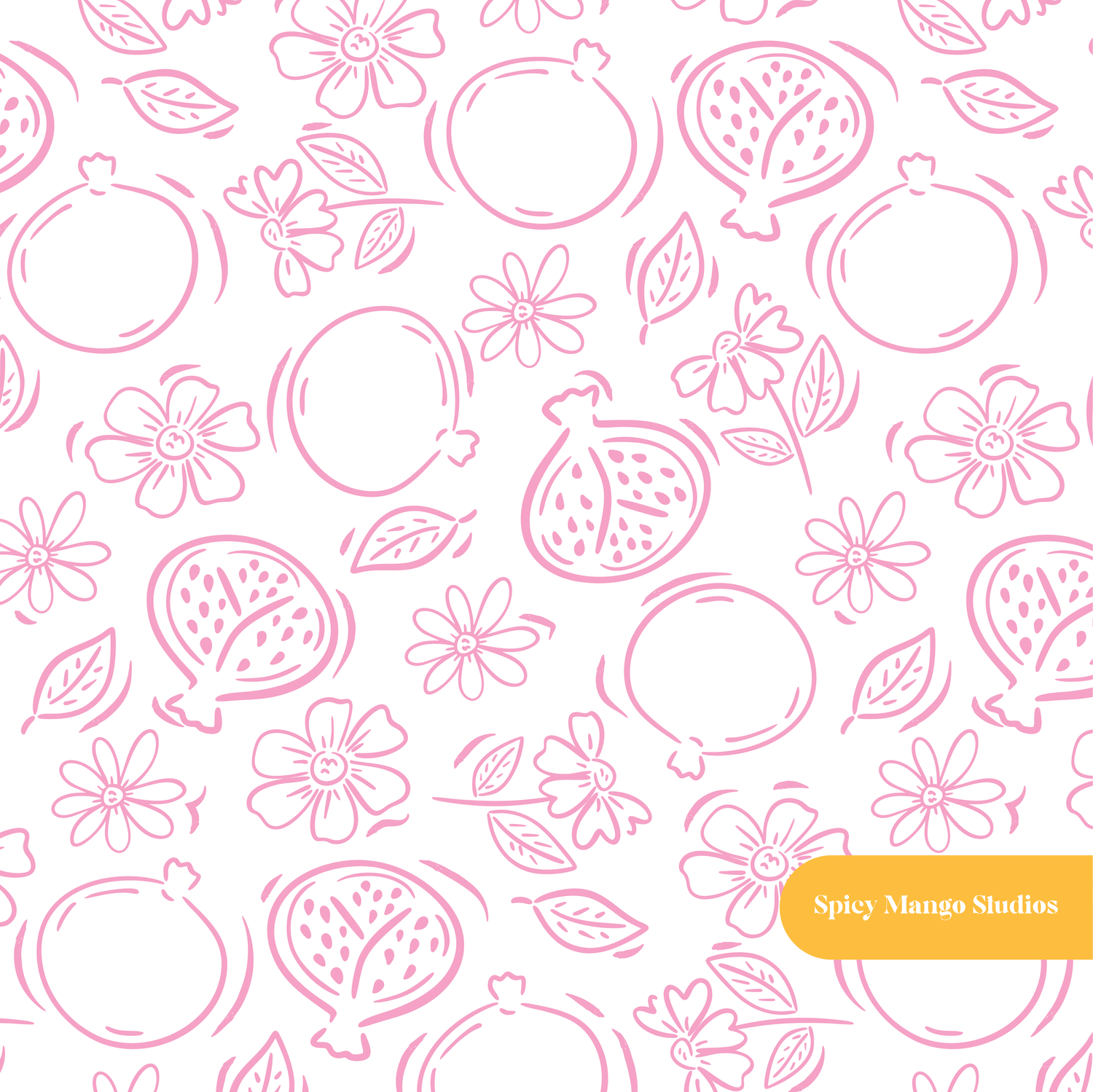 White and Pink Pomegranate Floral Seamless Pattern