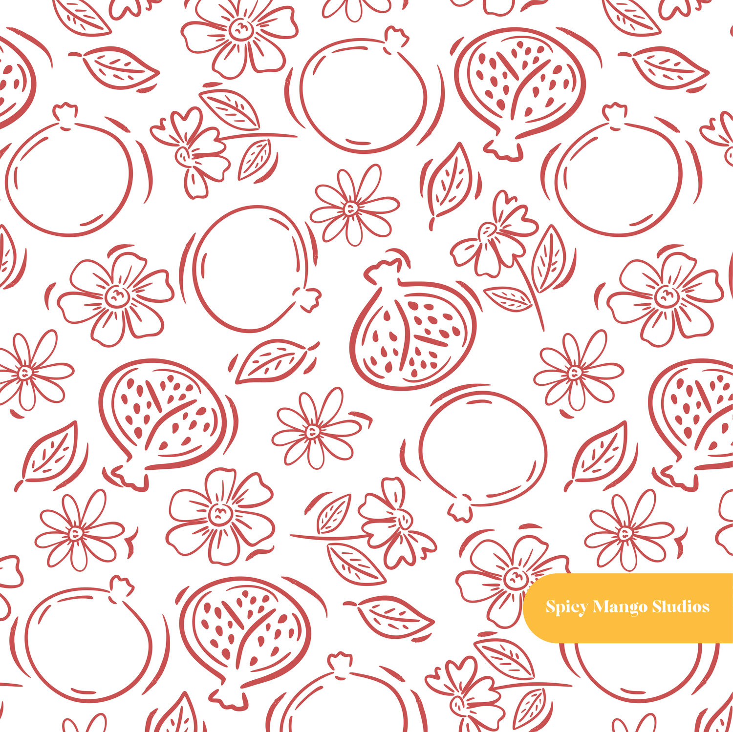 White and Red Pomegranate Floral Seamless Pattern
