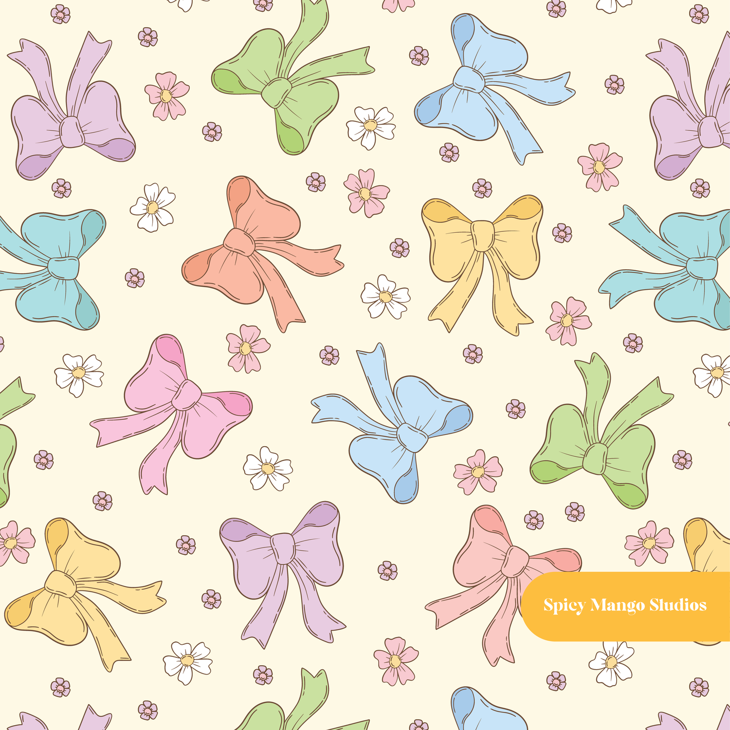 Pastel Yellow Retro Bow Floral Seamless Pattern