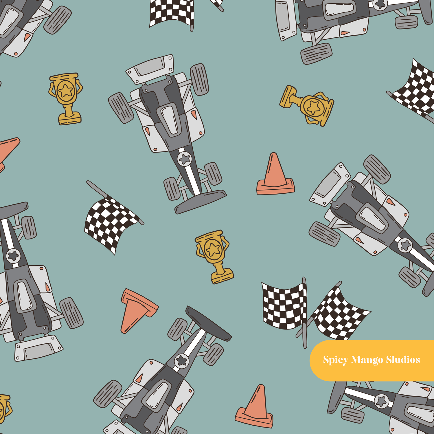 Dusty Teal Racer Seamless Pattern – Race Day & Boys Nursery Digital Download