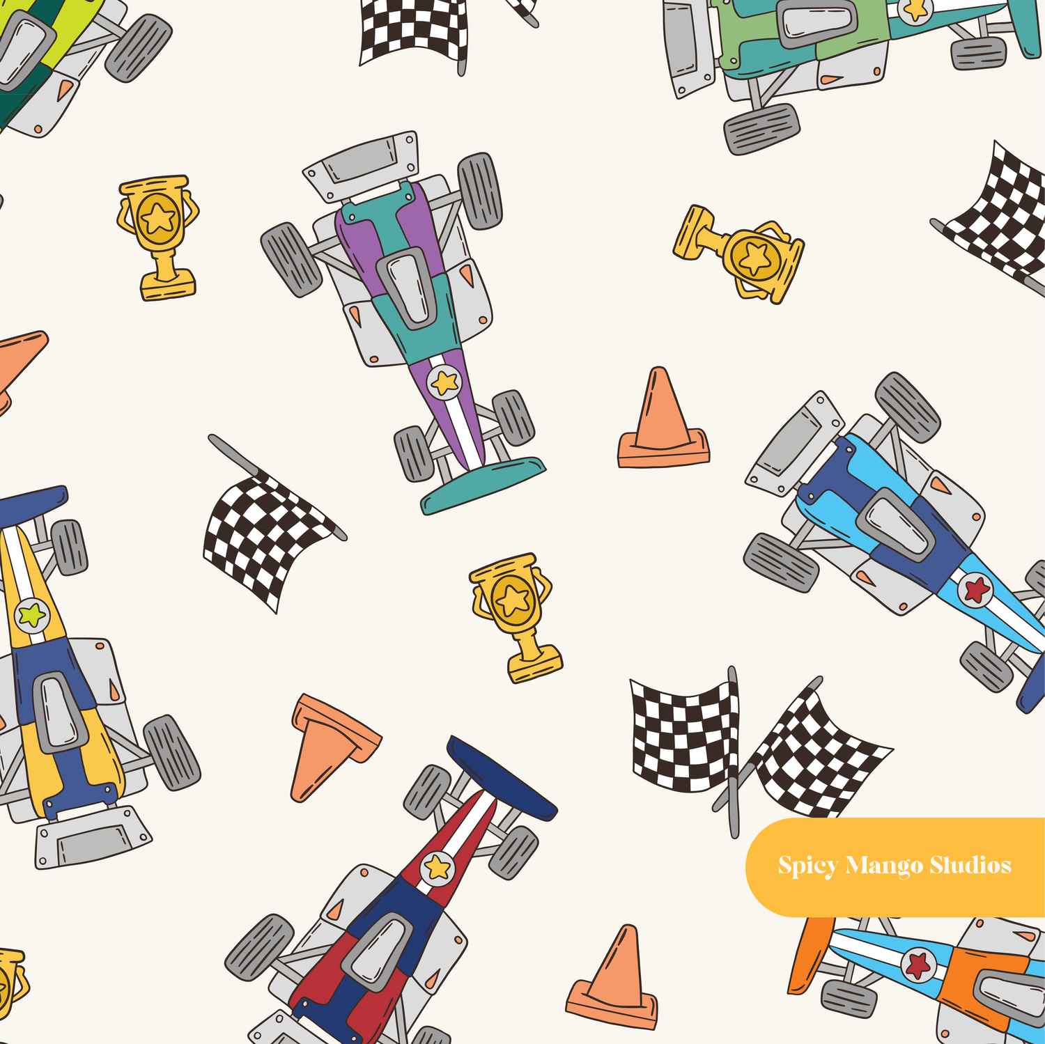 Neutral Racer Seamless Pattern – Race Day & Boys Nursery Digital Download