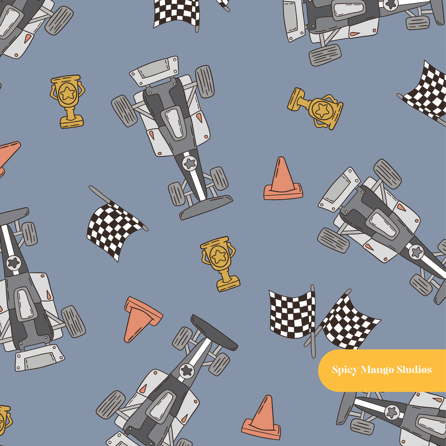 Slate Racer Seamless Pattern – Race Day & Boys Nursery Digital Download