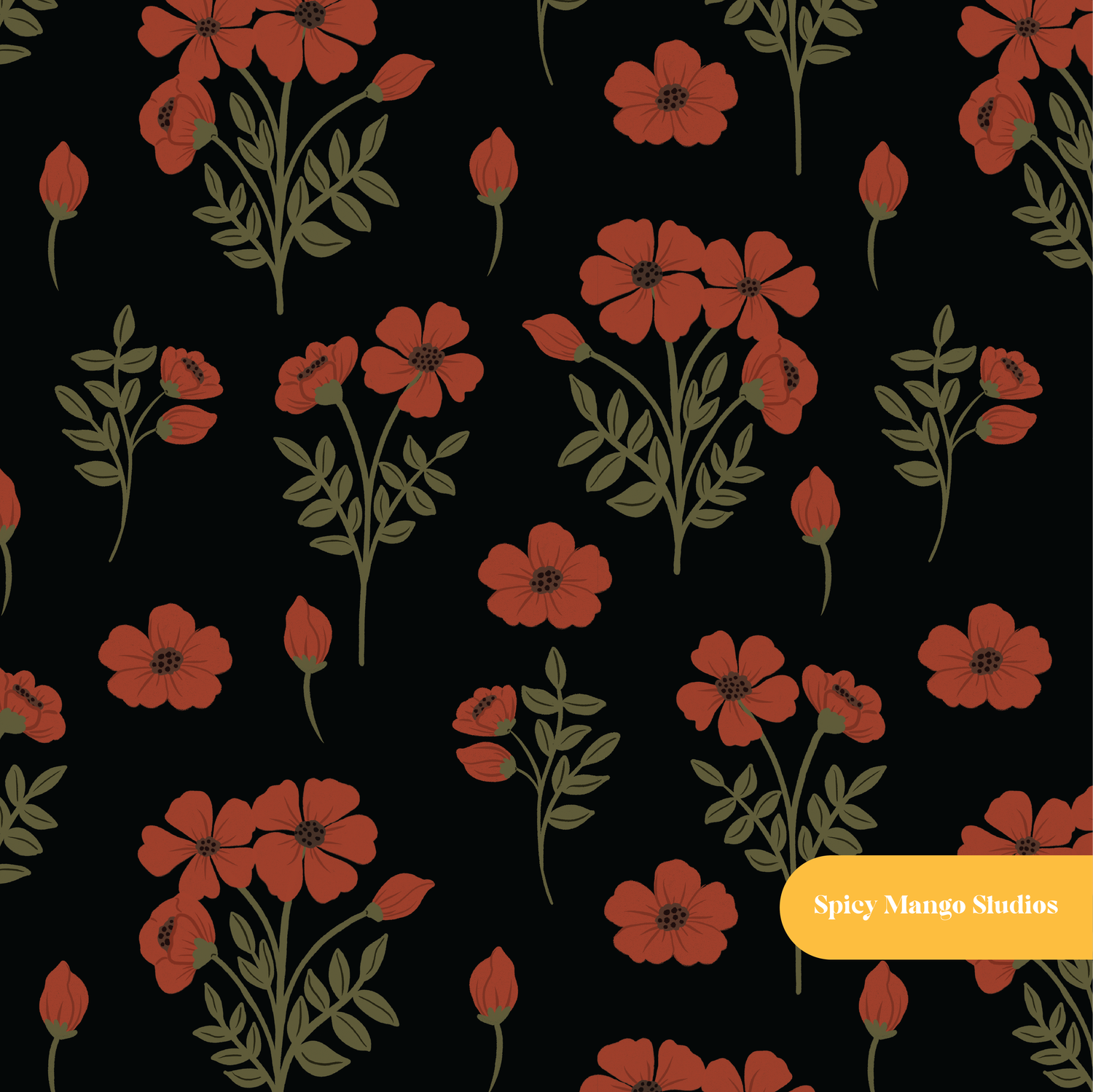 Black Rosalyn Floral Seamless Pattern