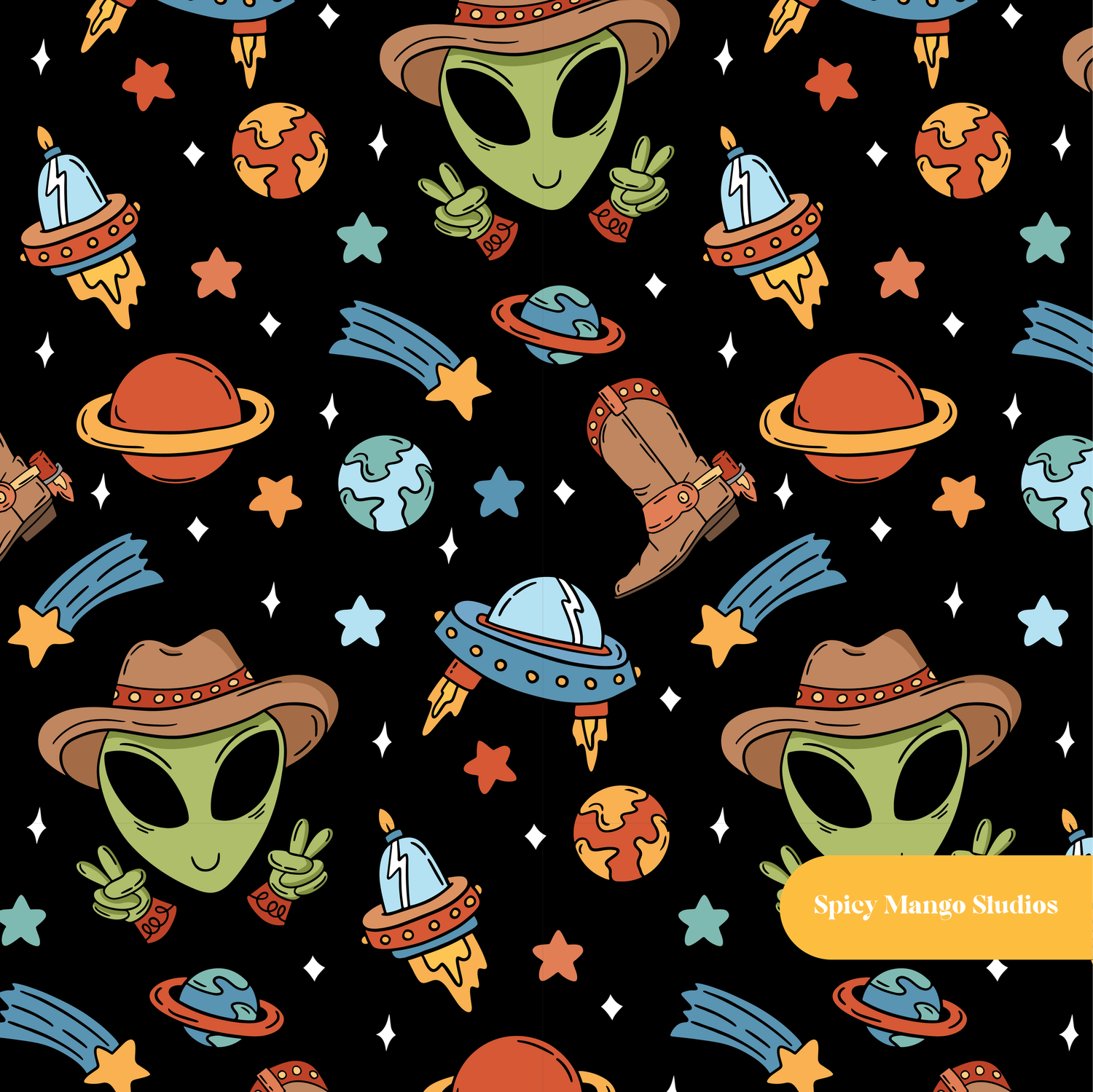 Black Space Cowboy Seamless Pattern