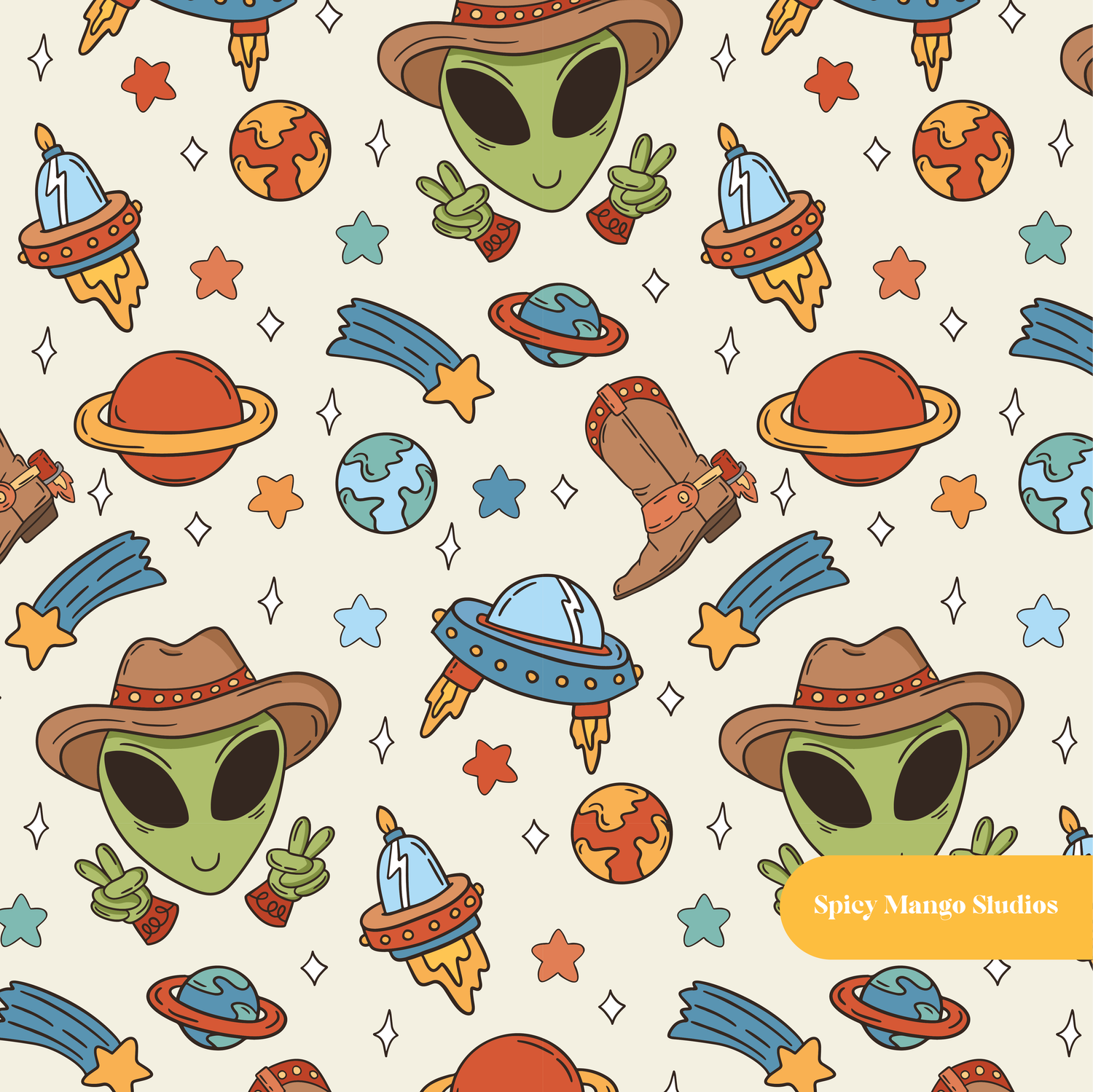 Neutral Space Cowboy Seamless Pattern