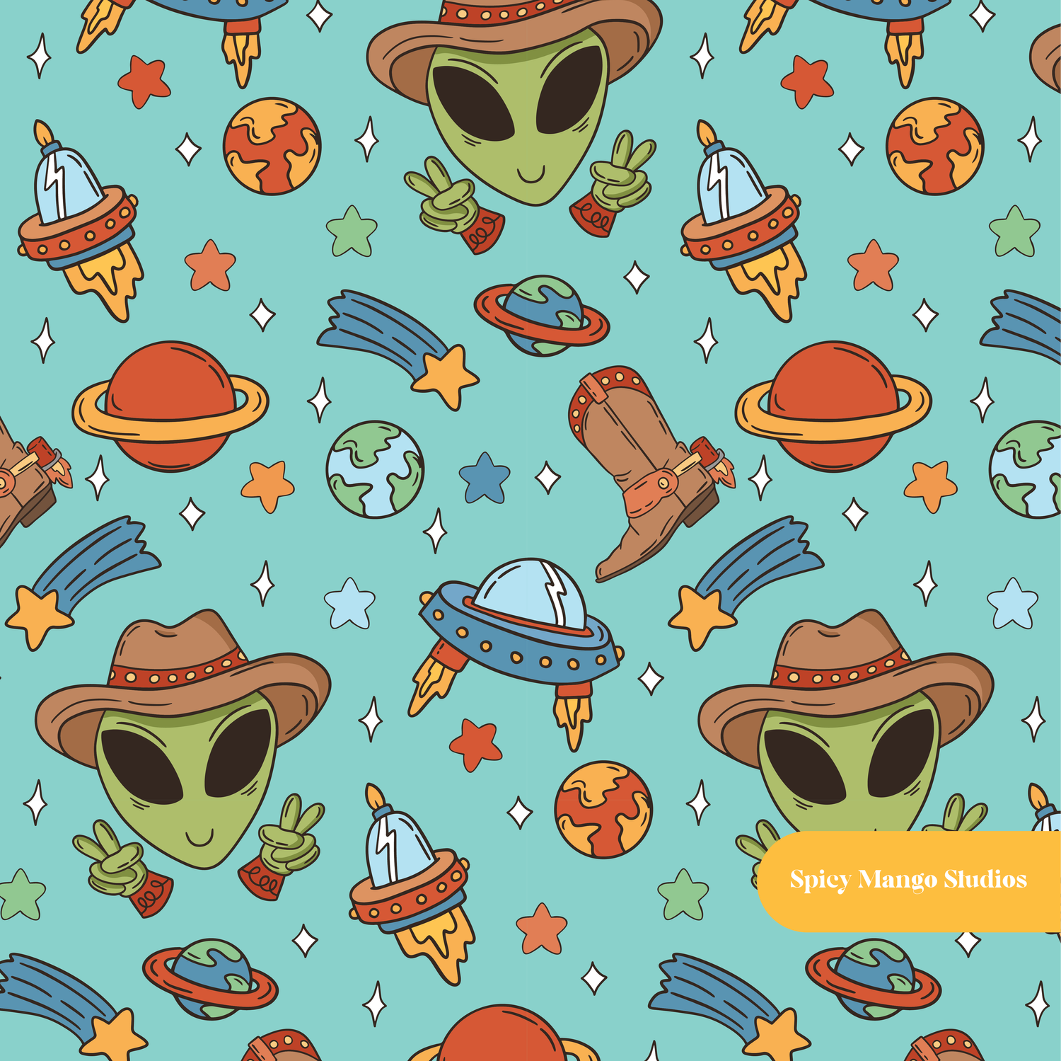 Teal Space Cowboy Seamless Pattern