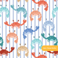 Blue Pinstripe Summer Crab Medley Seamless Pattern