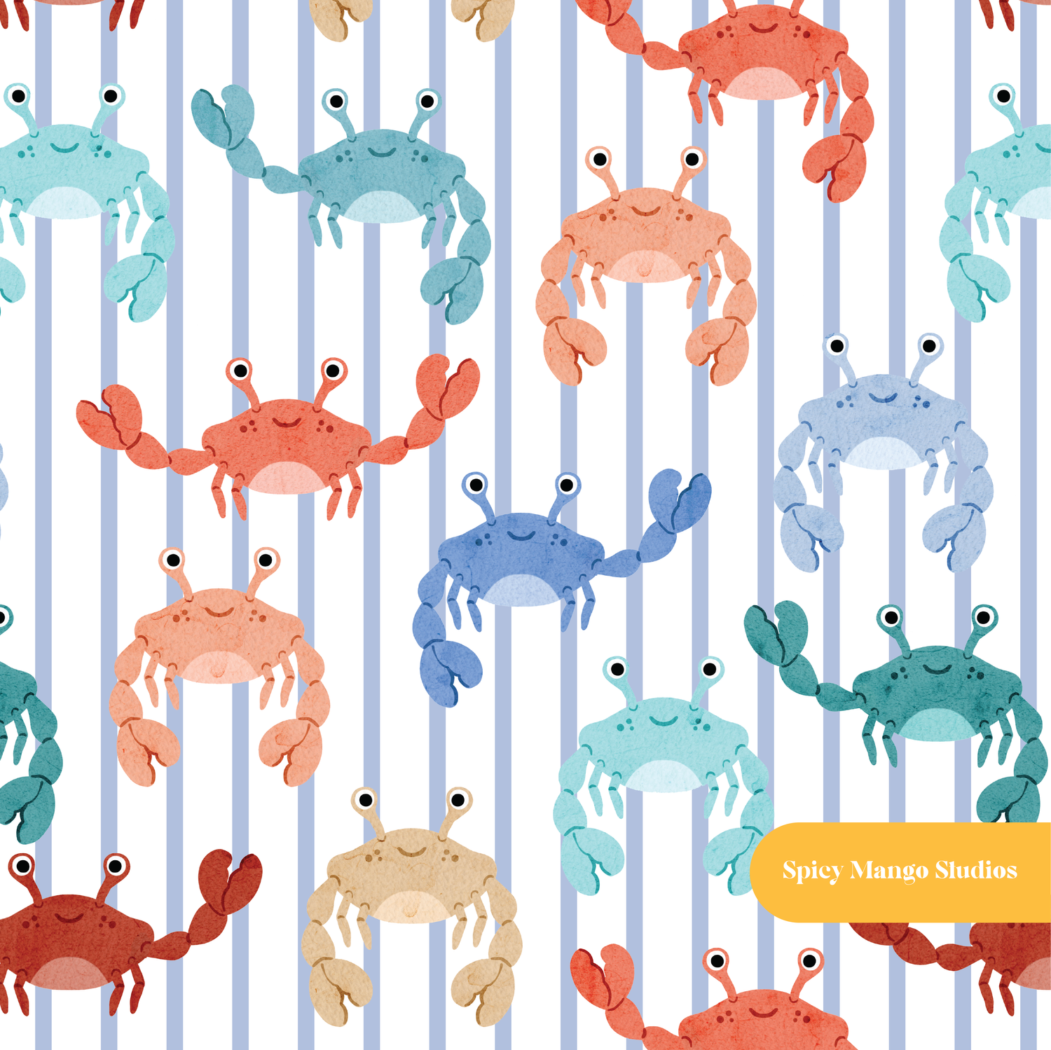 Blue Pinstripe Summer Crab Medley Seamless Pattern