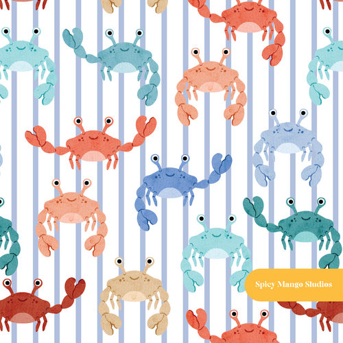 Blue Pinstripe Summer Crab Medley Seamless Pattern