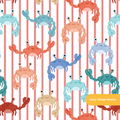 Red Pinstripe Summer Crab Medley Seamless Pattern