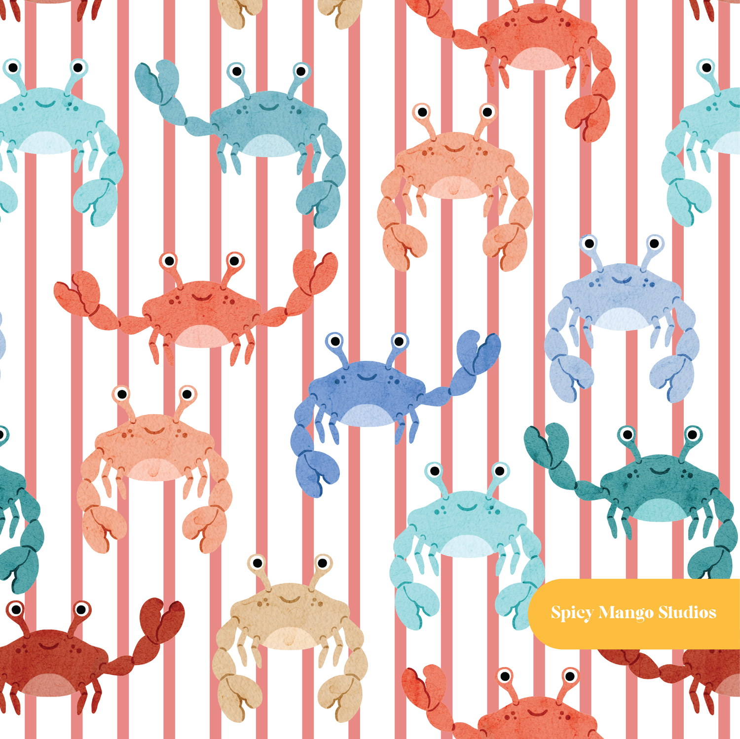 Red Pinstripe Summer Crab Medley Seamless Pattern