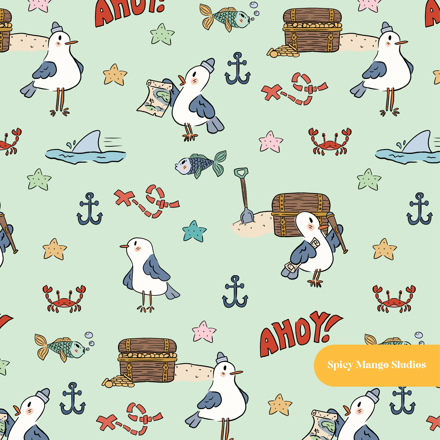 Green Seagull Adventures Seamless Pattern