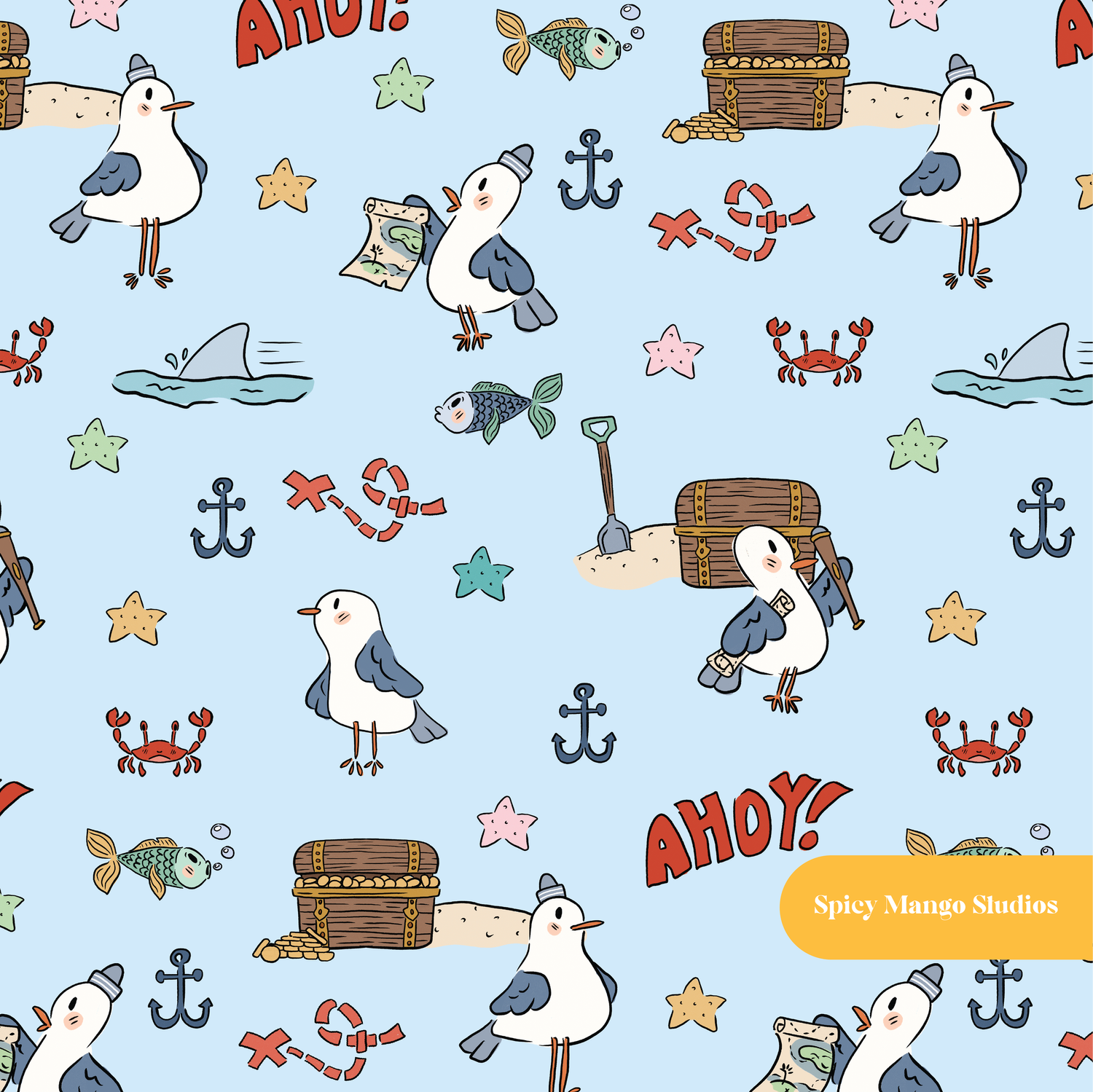 Light Blue Seagull Adventures Seamless Pattern