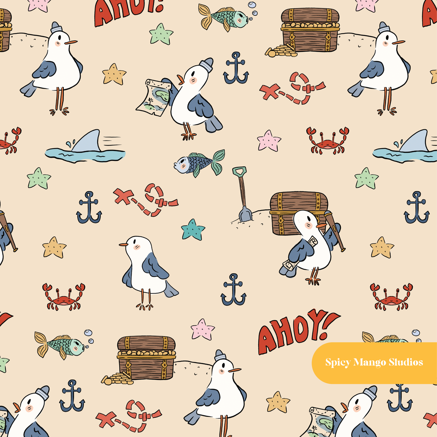 Sand Seagull Adventures Seamless Pattern