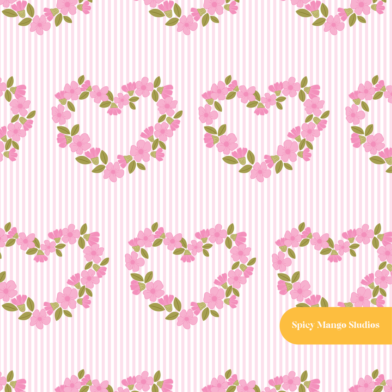Pink Striped Floral Heart Seamless Pattern