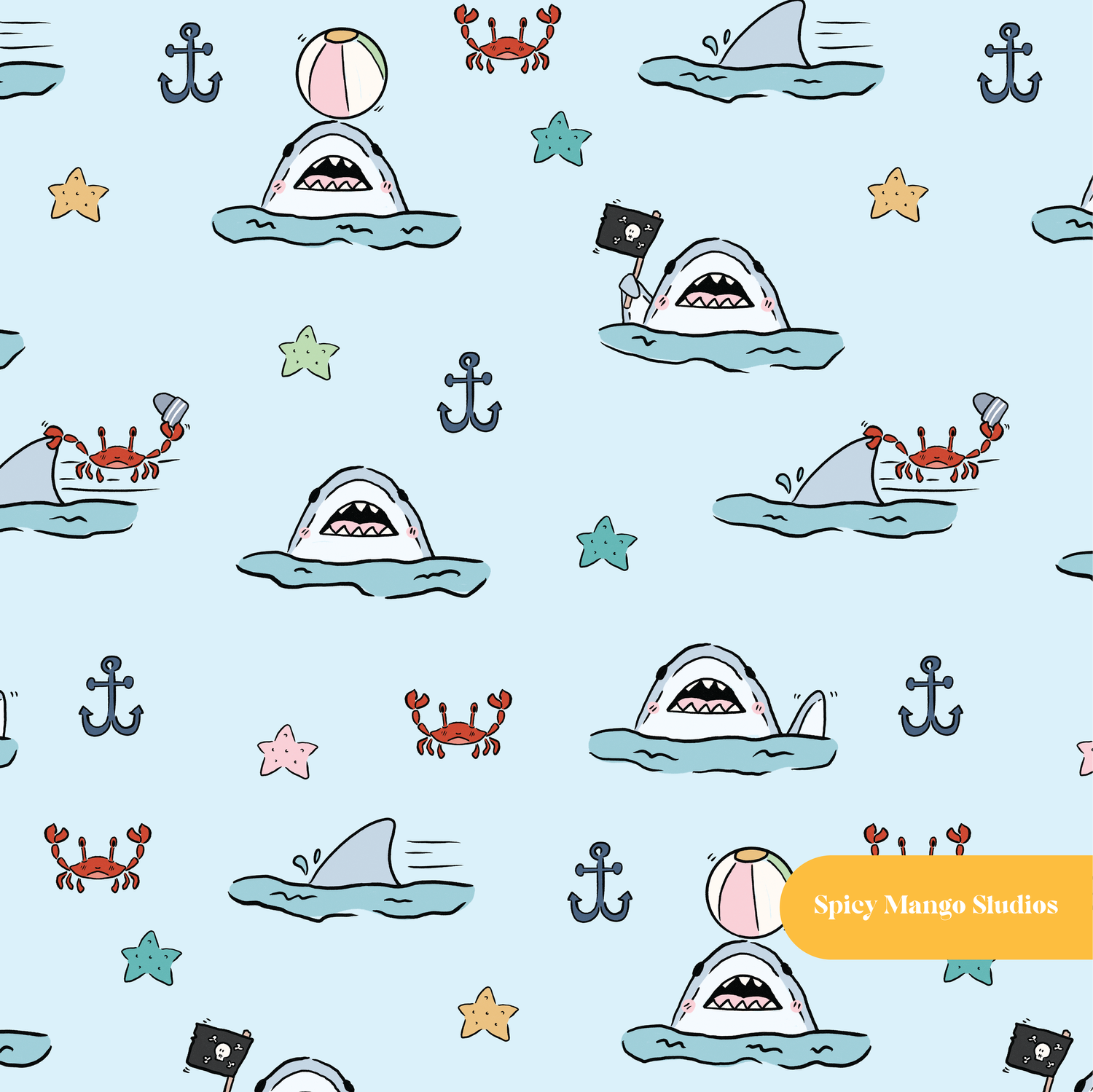 Light Blue Shark Attack Seamless Pattern