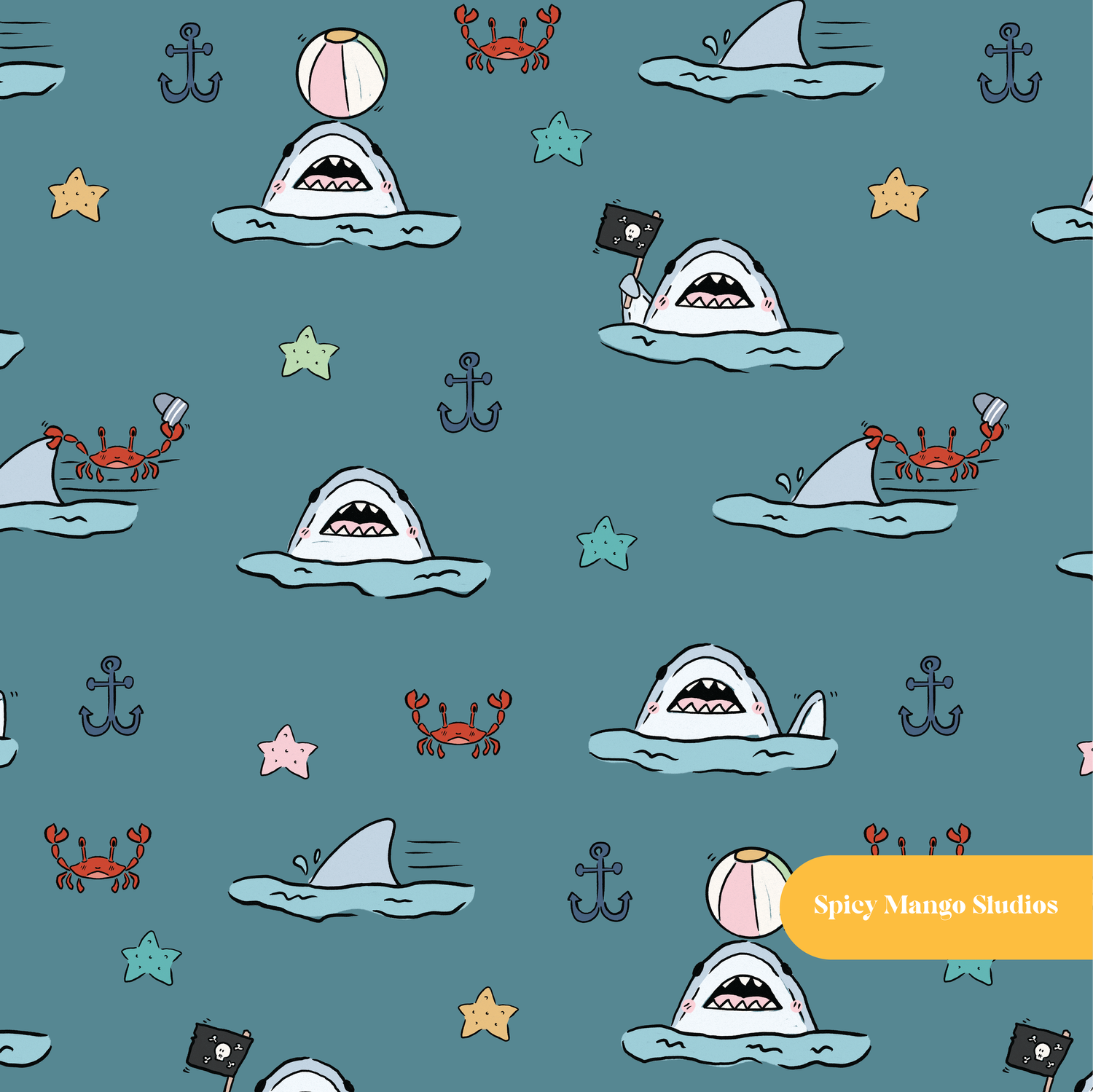 Dark Teal Shark Attack Seamless Pattern