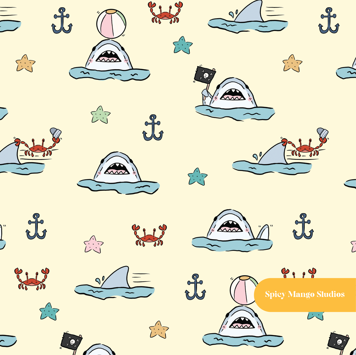 Pastel Yellow Shark Attack Seamless Pattern