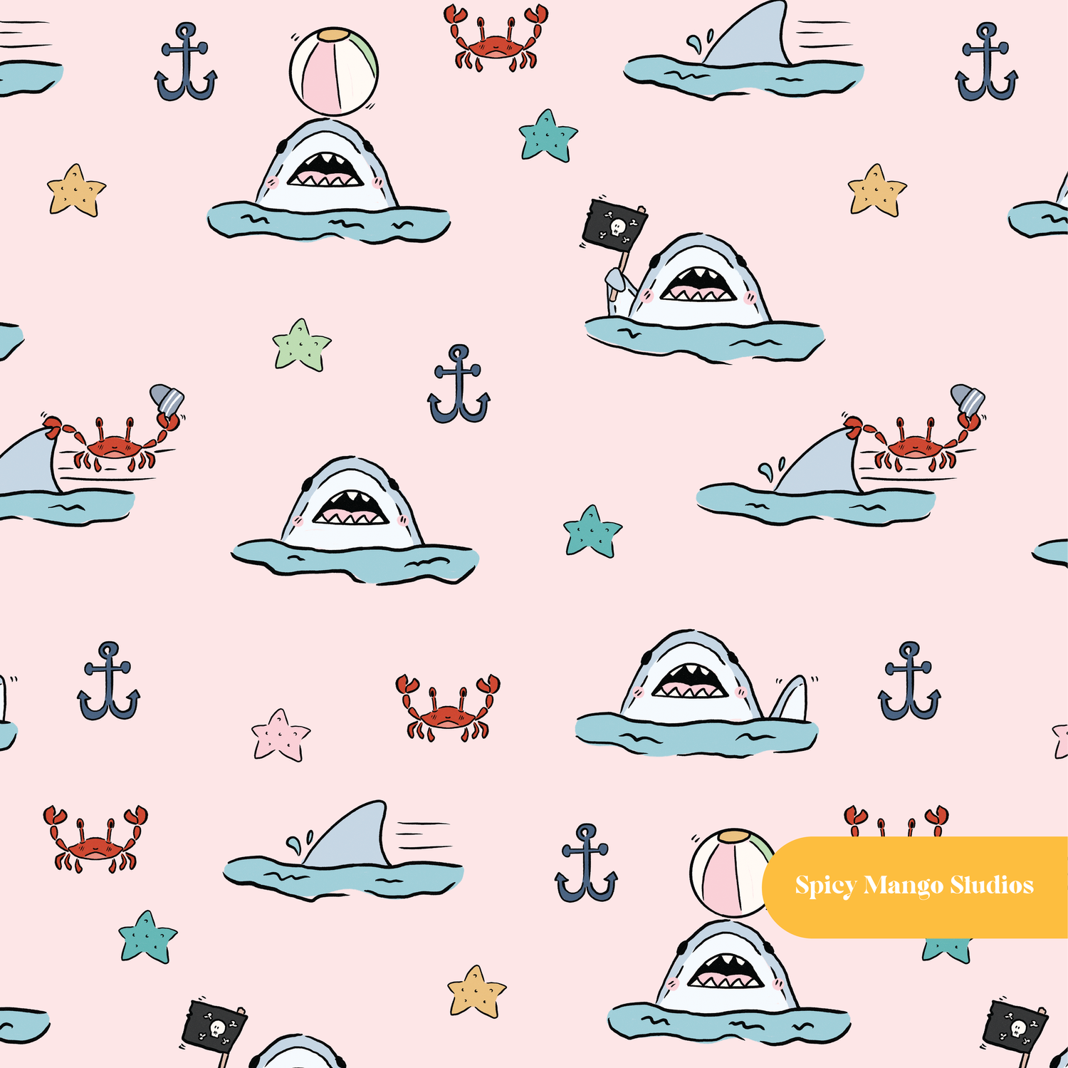 Pink Shark Attack Seamless Pattern