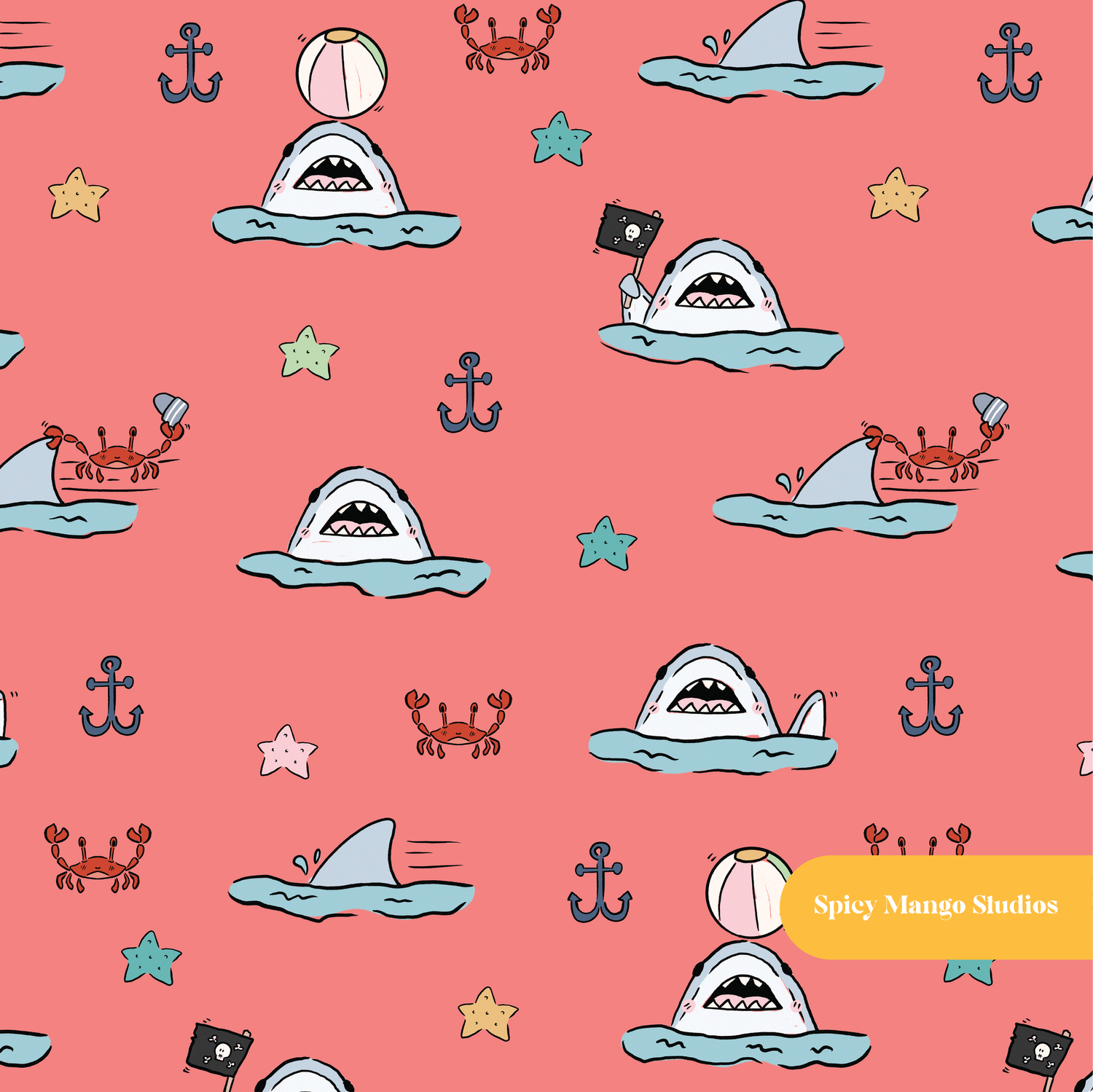Red Shark Attack Seamless Pattern