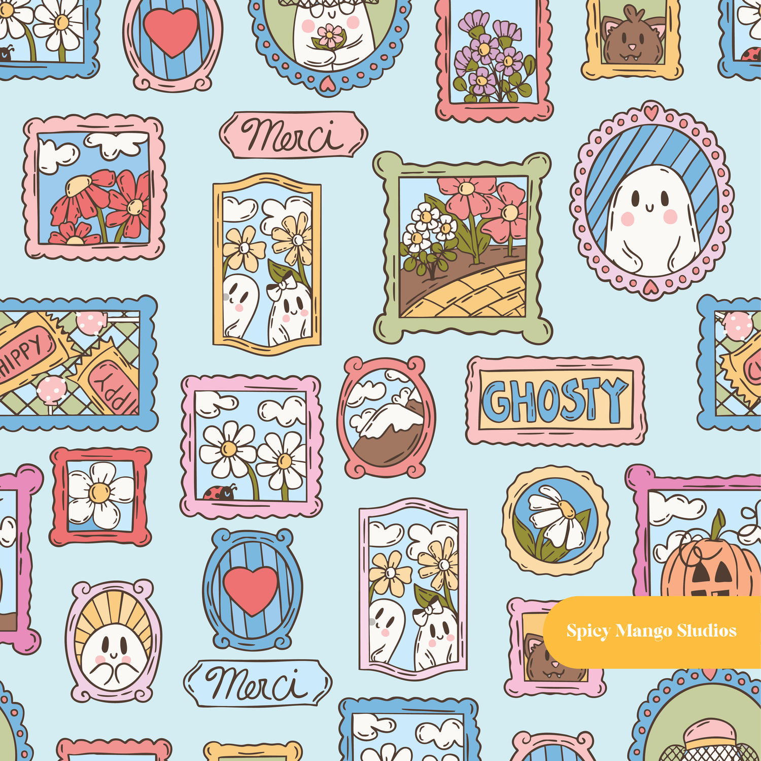 Light Blue Spooky Portrait Seamless Pattern