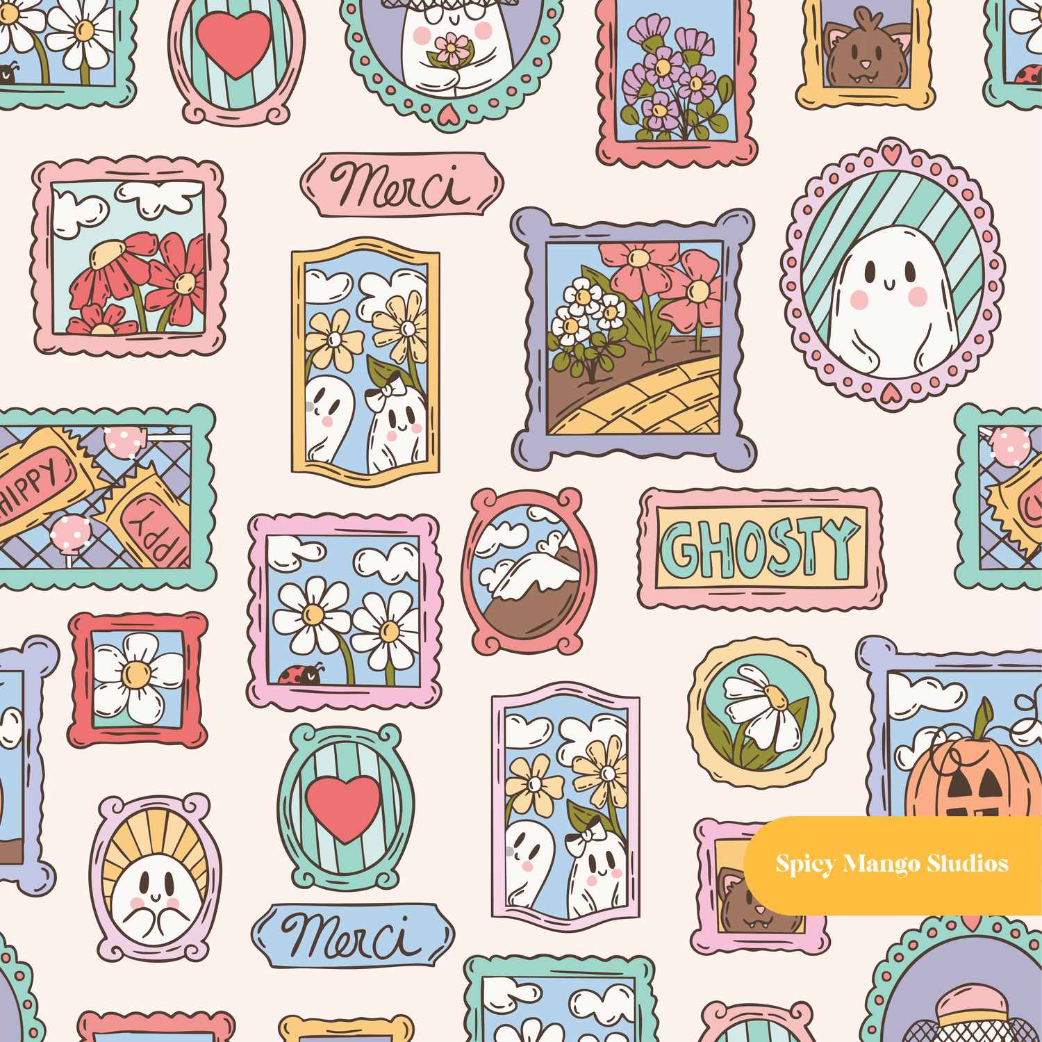 Pastel Peach Spooky Portrait Seamless Pattern