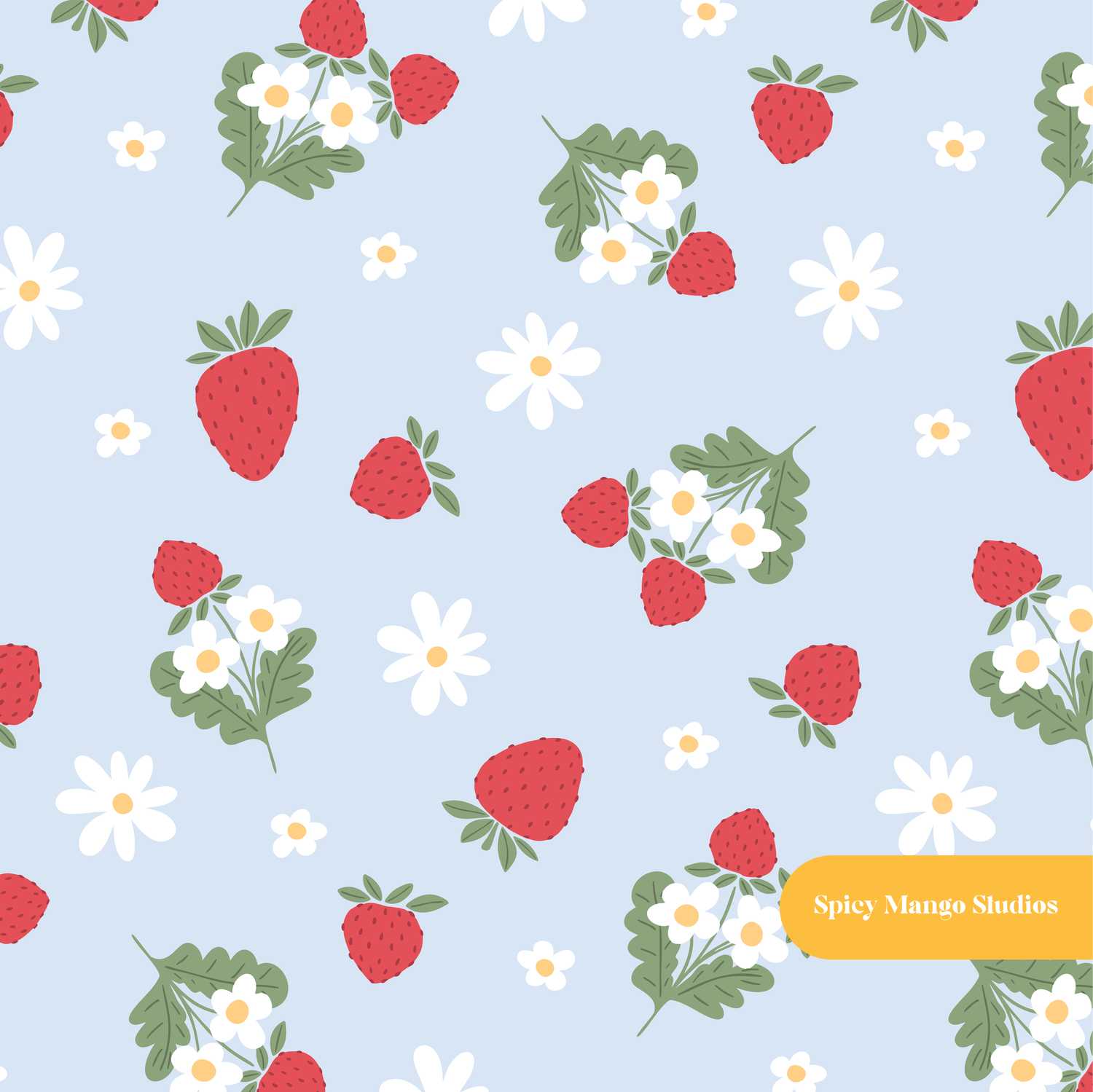 Light Blue Spring Strawberry Seamless Pattern