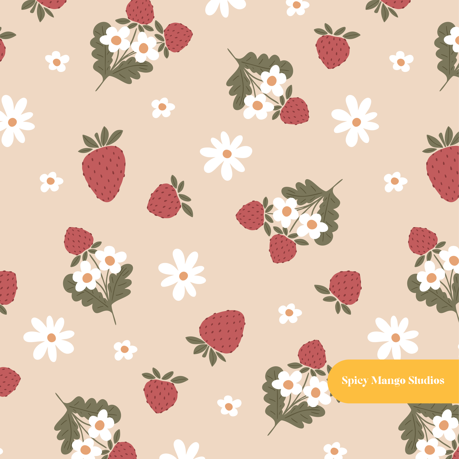 Tan Spring Strawberry Seamless Pattern