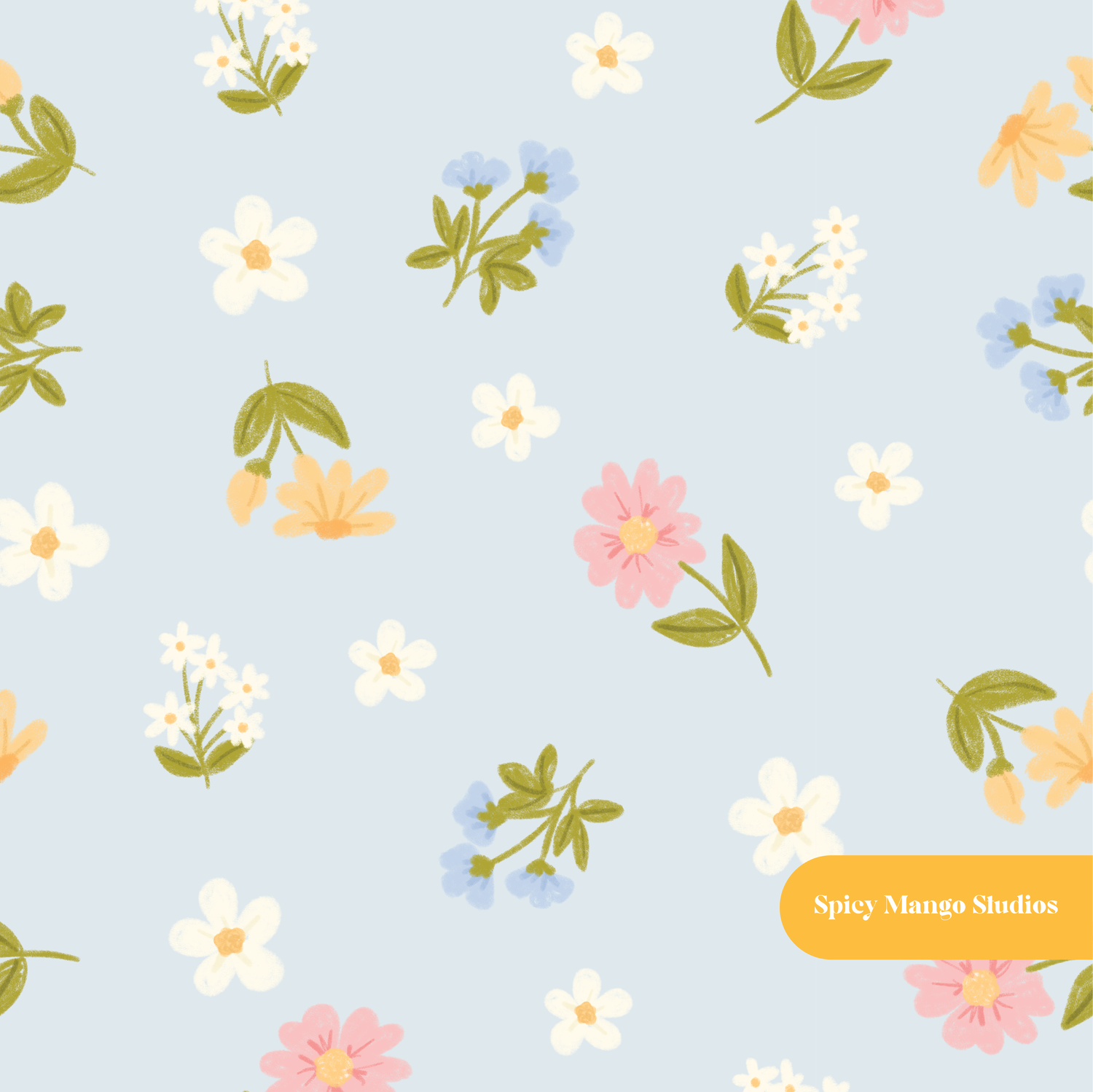 Dusty Blue Sketched Spring Floral Seamless Pattern