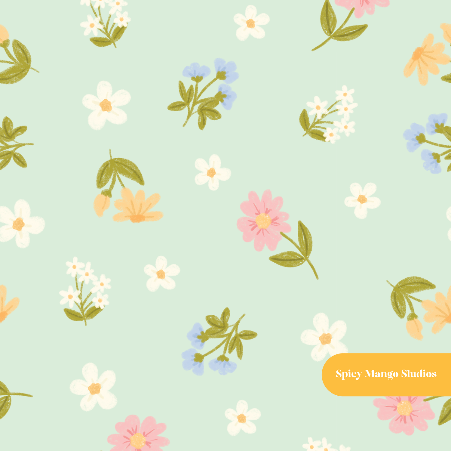 Mint Sketched Spring Floral Seamless Pattern