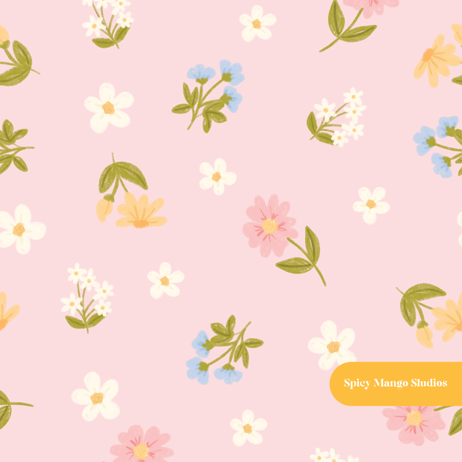 Pink Sketched Spring Floral Seamless Pattern